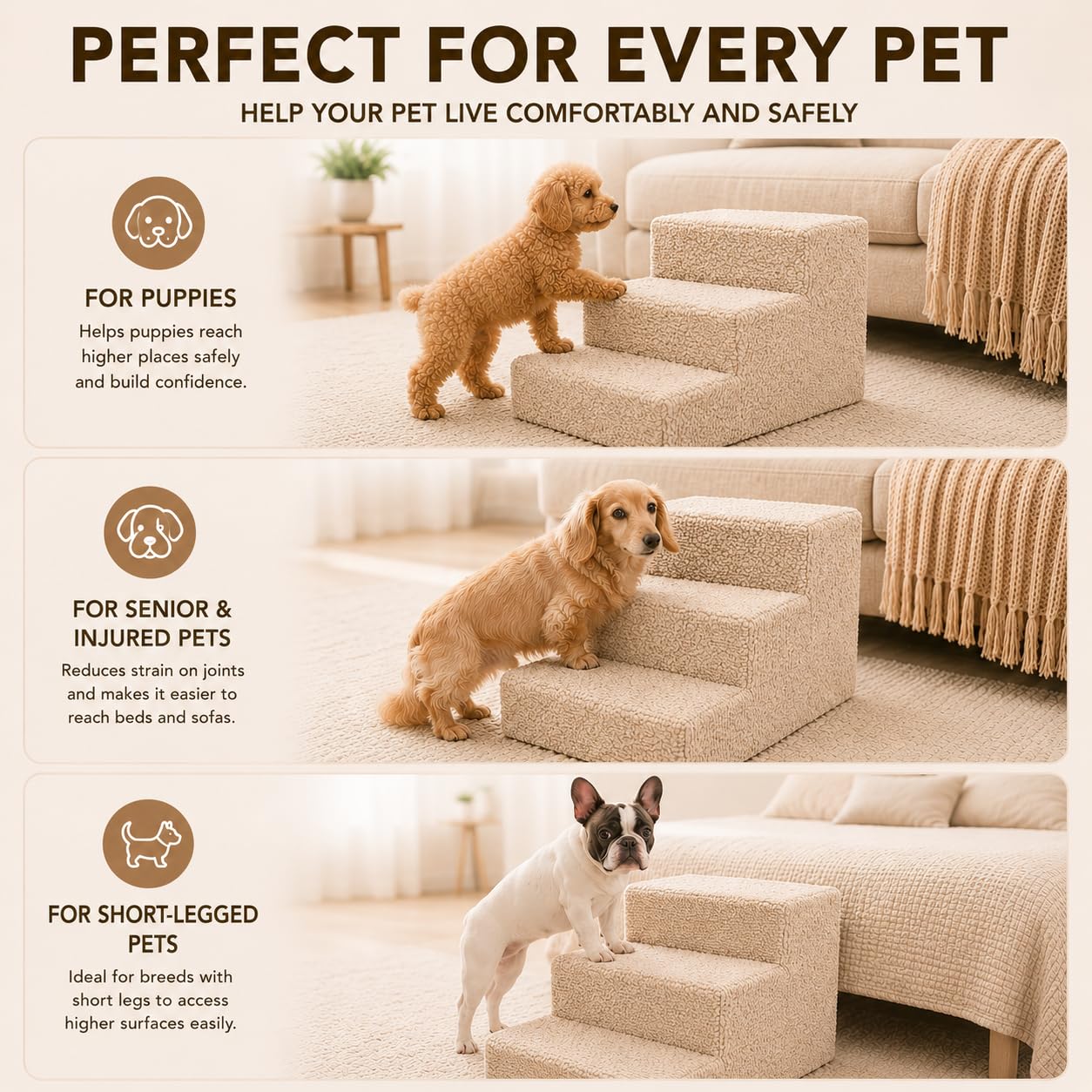 Muralo Escalier pour Chien 3 Marches 30 cm - Marchepied Antidérapant pour Petits Chiens et Chats, Jusqu’à 17 kg, Housse Bouclé Déhoussable et Lavable - Accès Facile au Canapé et au Lit (Beige)