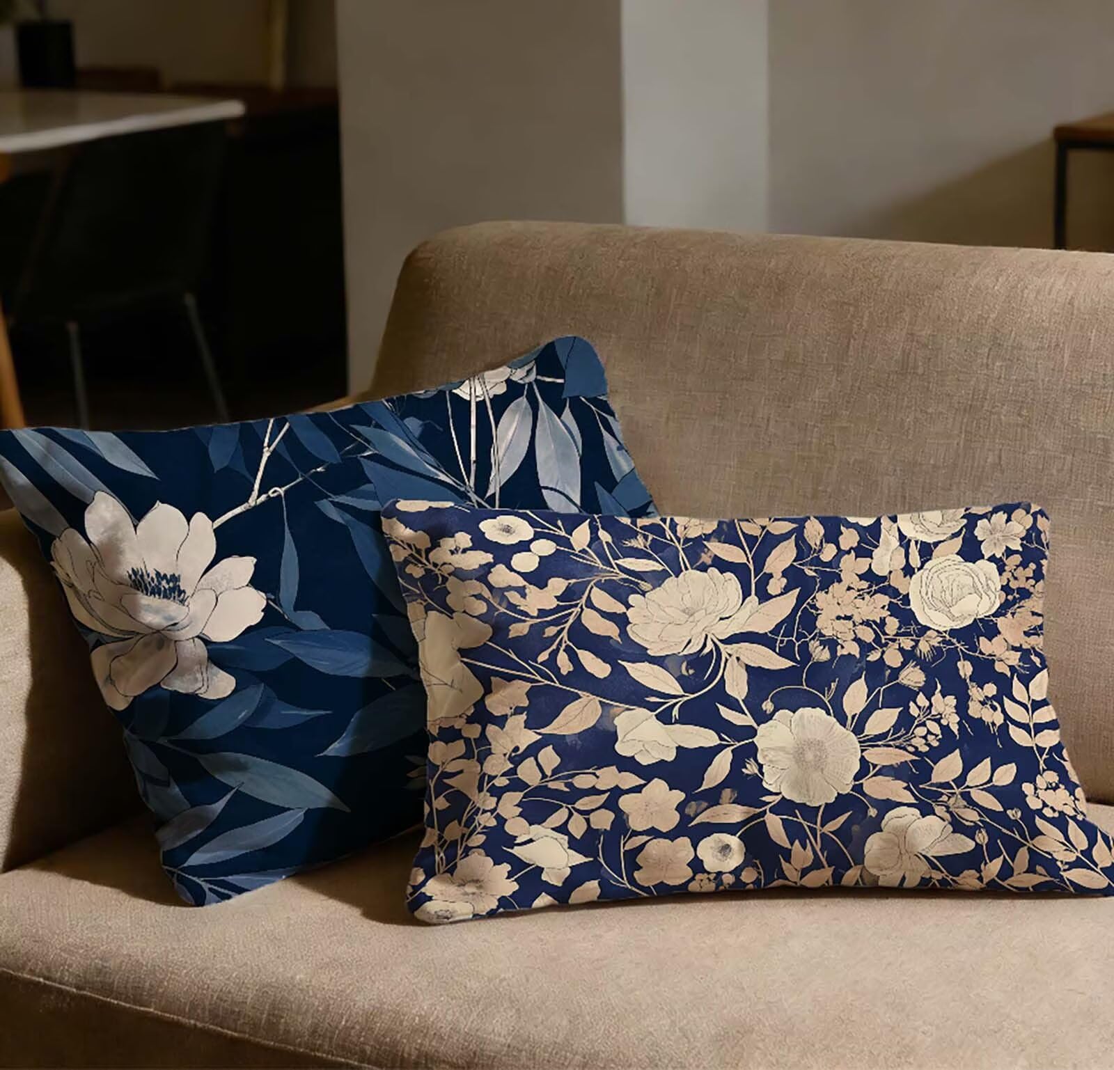 Taie oreiller 70x90 velours bleu marine avec motif fleur pour canapé lot de 2