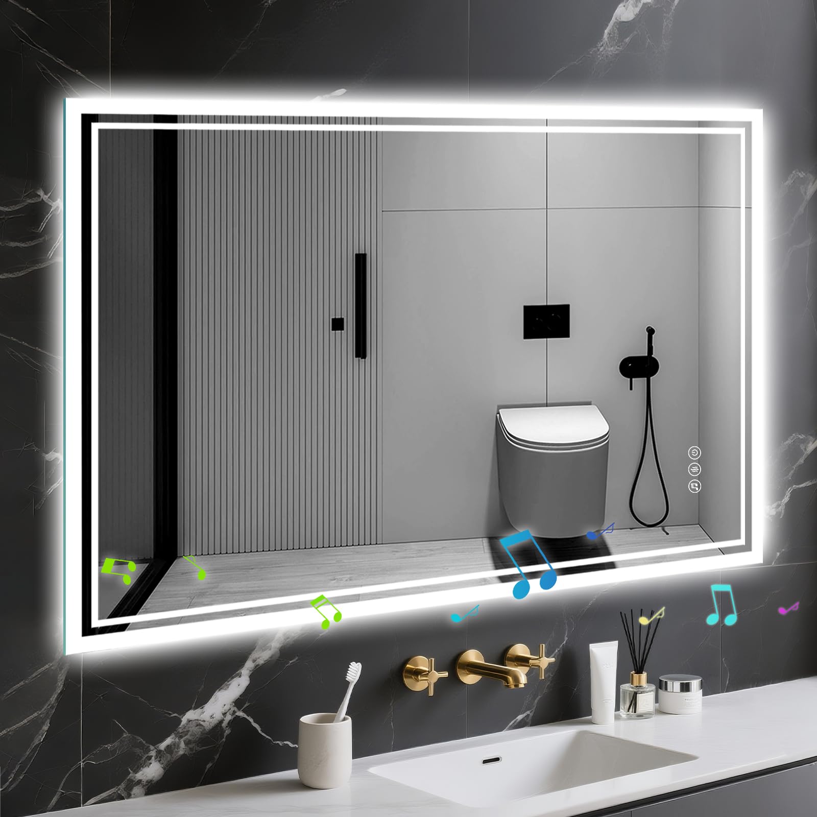 Badspiegel-mit-Beleuchtung 100x70 - LED Badezimmerspiegel mit Bluetooth Badezimmer Spiegel mit Beleuchtung, Entfoggen, Dimmbar, 3 Lichtfarben, Wandspiegel Led-Spiegel-Bad Horizontal/Vertikal