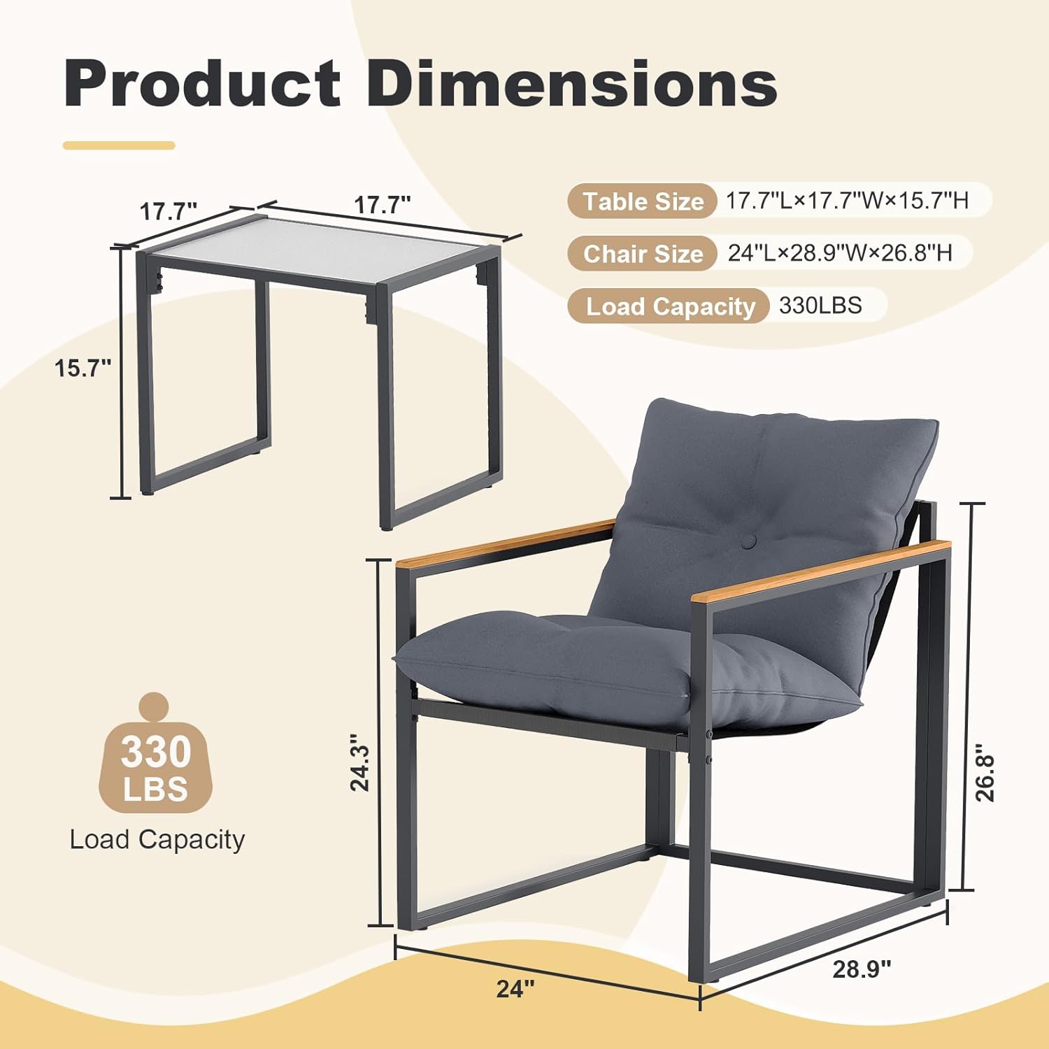 3 Piece Patio Bistro Set Outdoor - Small Space Balcony Furniture with 2 Cushioned Chairs & Coffee Table, Rust-Proof Metal Frame, Breathable Textilene, Modern Porch Deck Set (Grey)