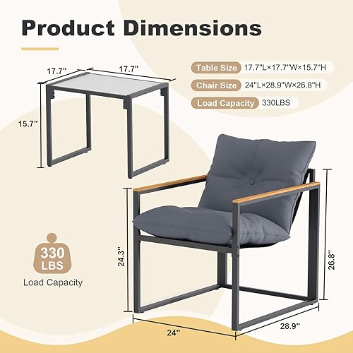 Miniatura 2 de Juego de muebles de patio de 3 piezas, sillas de porche al aire libre, muebles de balcón para apartamento con sillas y mesa, incluye cojines gruesos