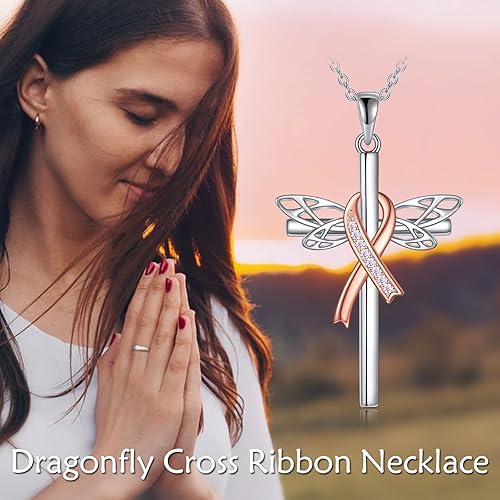 Miniatura 6 de Regalos de concientización sobre el cáncer de mama para mujeres, collar con colgante de cinta rosa con cruz, mariposa, libélula y lazo rosa, regalo