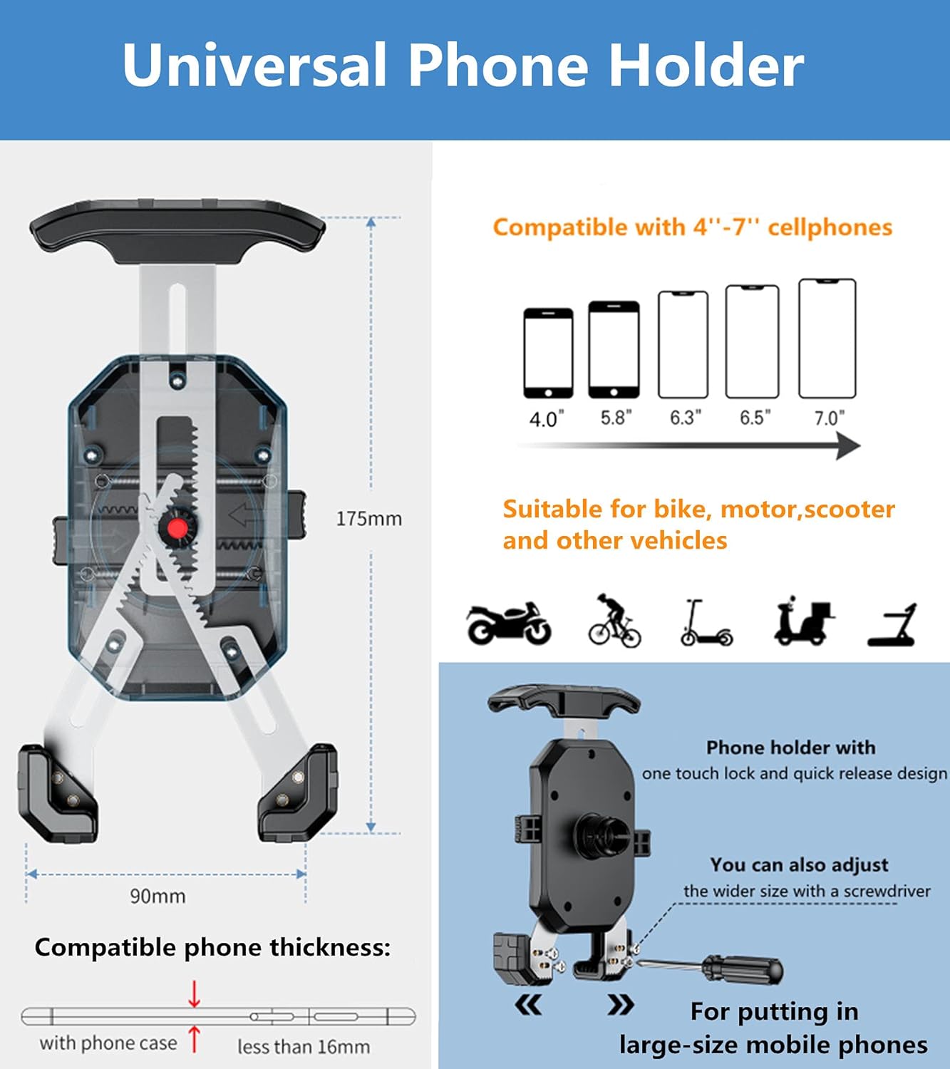 KEWIG Bike Phone Mount for Motorcycle - Bike Handlebar, One Touch Lock Motorcycle Phone Mount with Aluminum Alloy Mounting Base, Tool-Free Installation Bike Phone Holder Fit 4" - 7" Cellphones : Automotive