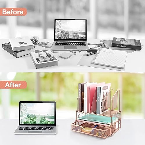 Miniatura 3 de Beiz Organizador de escritorio de oro rosa y almacenamiento de accesorios con 5 soportes verticales para carpetas de archivos, 2 bandejas de papel,