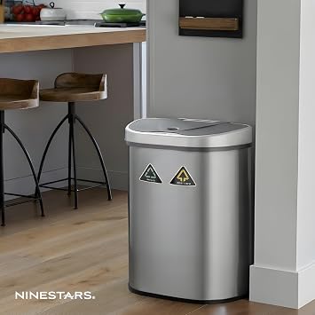 Ninestars DZT-70-11R Automatic Touchless Motion Sensor Semi-Round Trash Can/Recycler, 18.5 Gal. 70 L., Stainless Steel