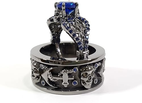 Vista 3 de Juego de alianzas de boda con diseño de calavera para parejas con diseño de zafiro azul, acabado de metal, plata de ley 925, Plata de ley 925
