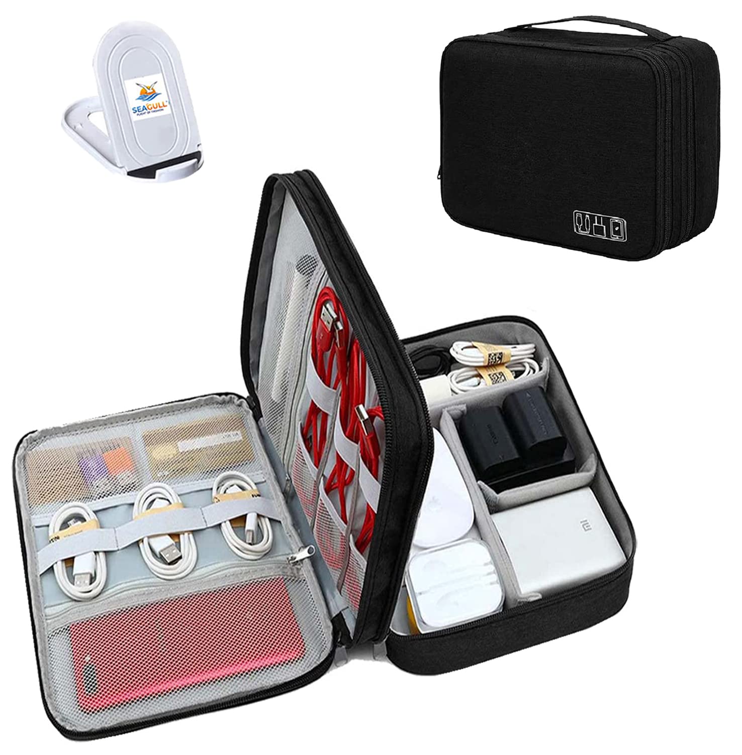 Seagull flight of fashion Nylon Double Layer Electronic Gadget Organizer Case, Cable Organizer Bag For Accessories With Mobile Stand - 27 X 20 X 9 Cm - Black - Model 1