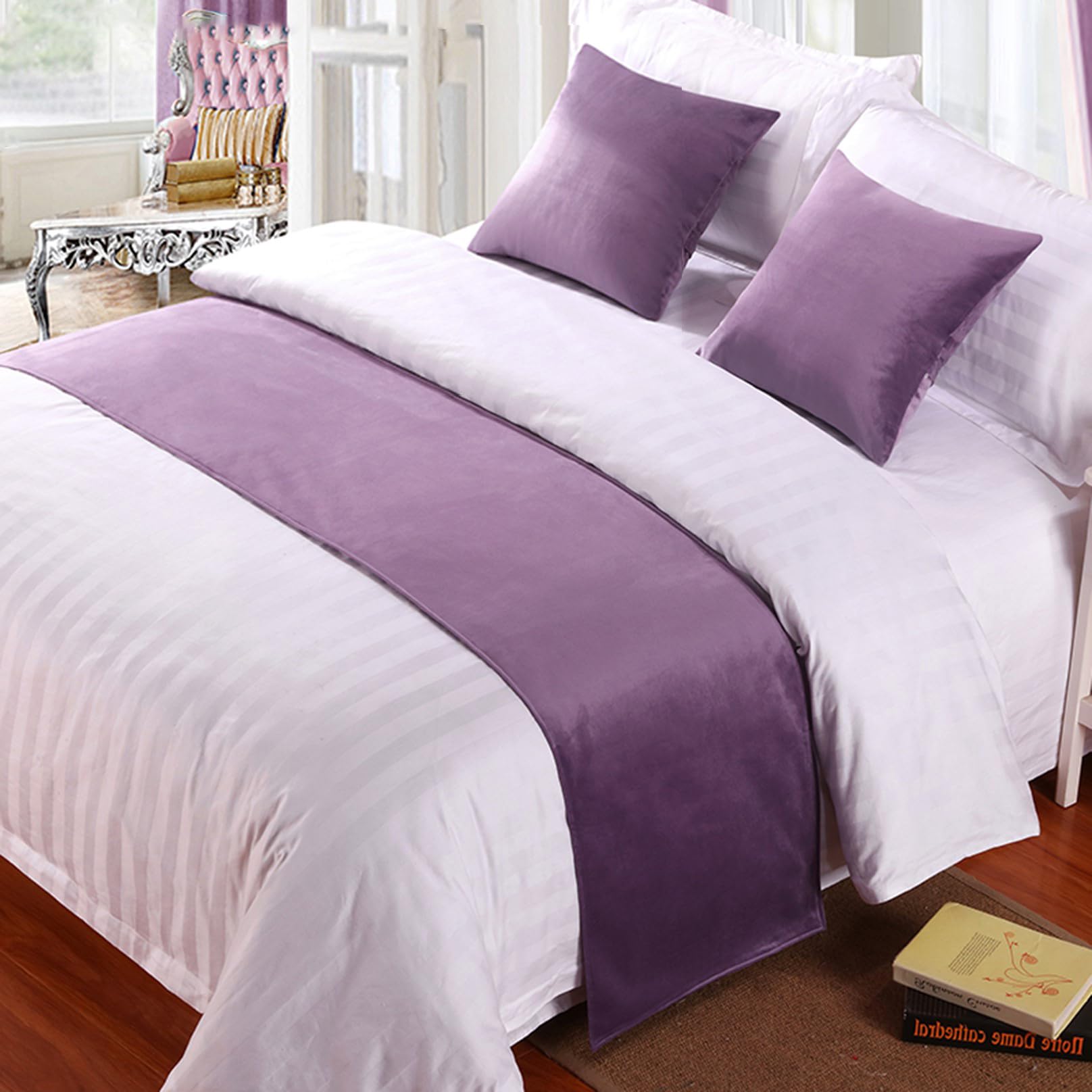 Solid Bed Runner for Foot of Bed Velvet Soft No Fading Modern Bedding Scarf Bed End Towel Protection for Bedroom Hotel Wedding Room, Purple 50 * 210cm — image 1