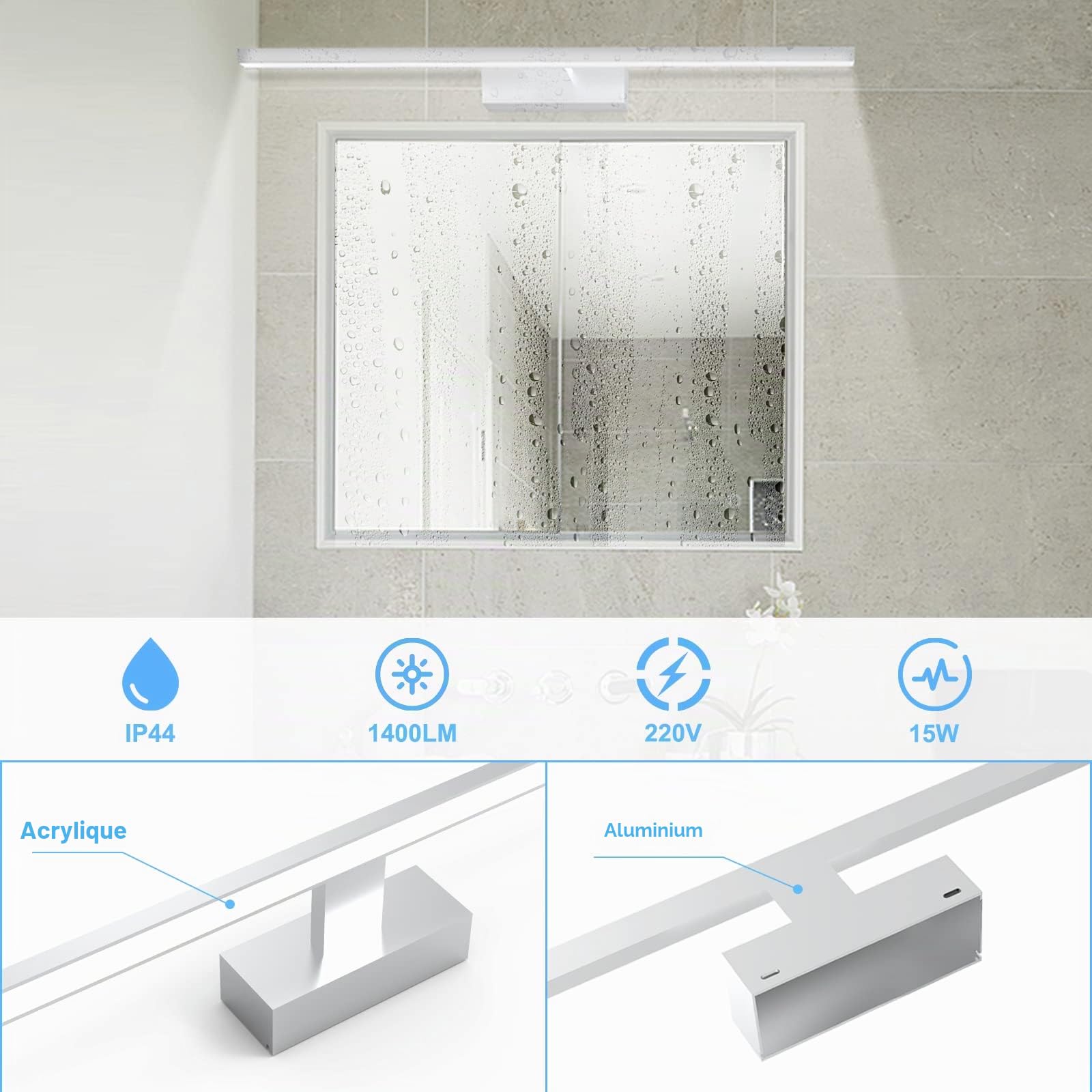 NIORSUN Lampe miroir de salle de bain LED 15 W 60 cm, 1400 Lm, gradation libre 3 000 K - 6 000 K, lampe de miroir dimmable avec télécommande, acier inoxydable, lumière miroir de salle de bain étanche