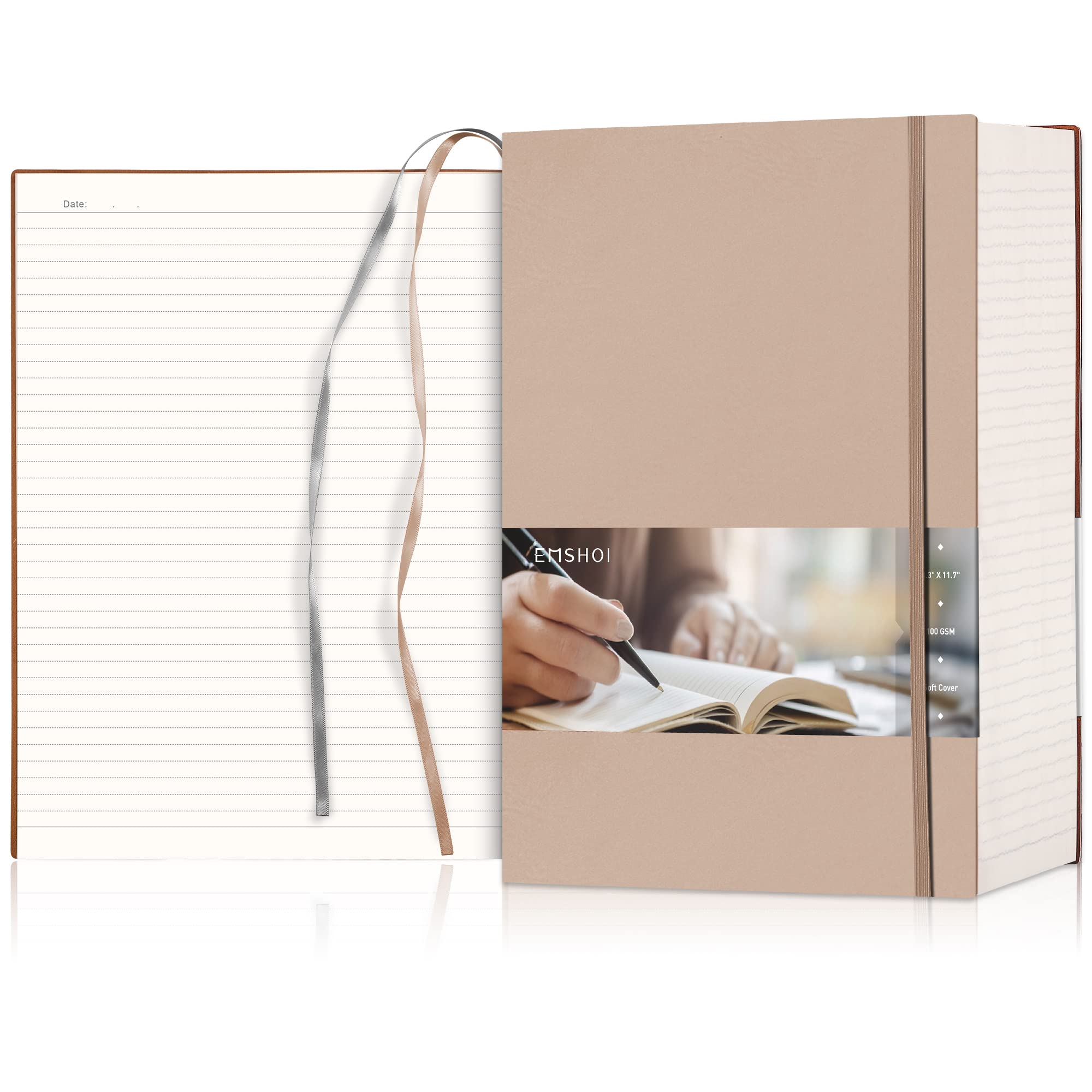 EMSHOI A4 400 Pages Lined Journaling Notebook 8.5 x 11, Bible Journals for Women Men Writing, College Ruled Notebook with Sticky Notes, Soft Cover Leather, 100GSM Thick Paper, Khaki