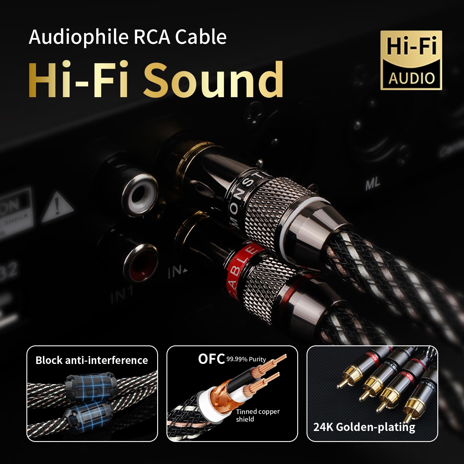 Audiophile - Cavo audio HiFi 2RCA maschio a RCA maschio, 4N OFC Core, connettori placcati oro 24K, con treccia in nylon, coassiale; compatibile con amplificatori, lettori CD, giradischi, DAC e