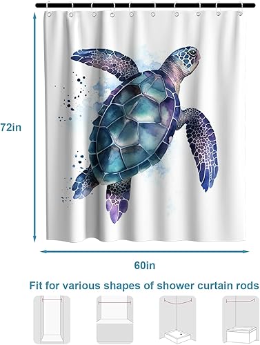 Vista 143 de Cortina de ducha de tortugas marinas, temática náutica de playa, verde y verde azulado, sin ganchos, punto gofre y forro desmontable, decoración