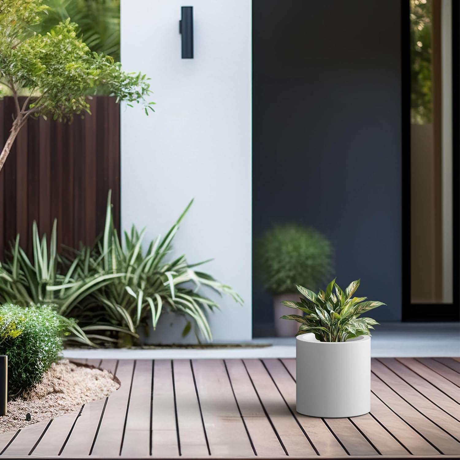 Kante 9.8" Dia Round Concrete Planter, Modern Style Large Cylindrical Plant Pot with Drainage Hole and Rubber Plug for Indoor Outdoor Patio, Pure White