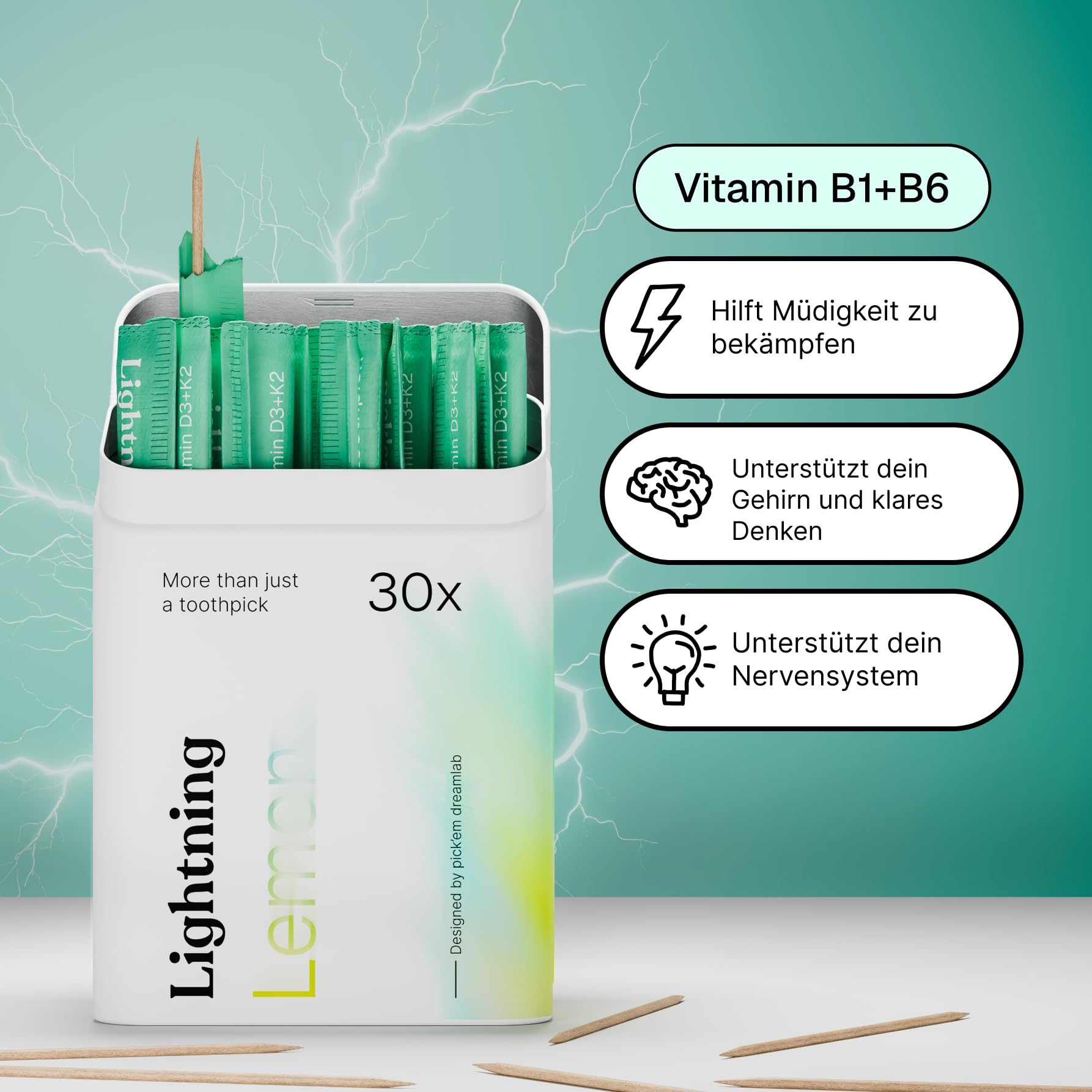 pick'em Powerline Pro Bundle - Palillos de dientes con sabor a vitaminas (200 palillos aromatizados + estuche) - La alternativa de estilo de vida al chicle (Pro Bundle) - Palillos de dientes con sabor