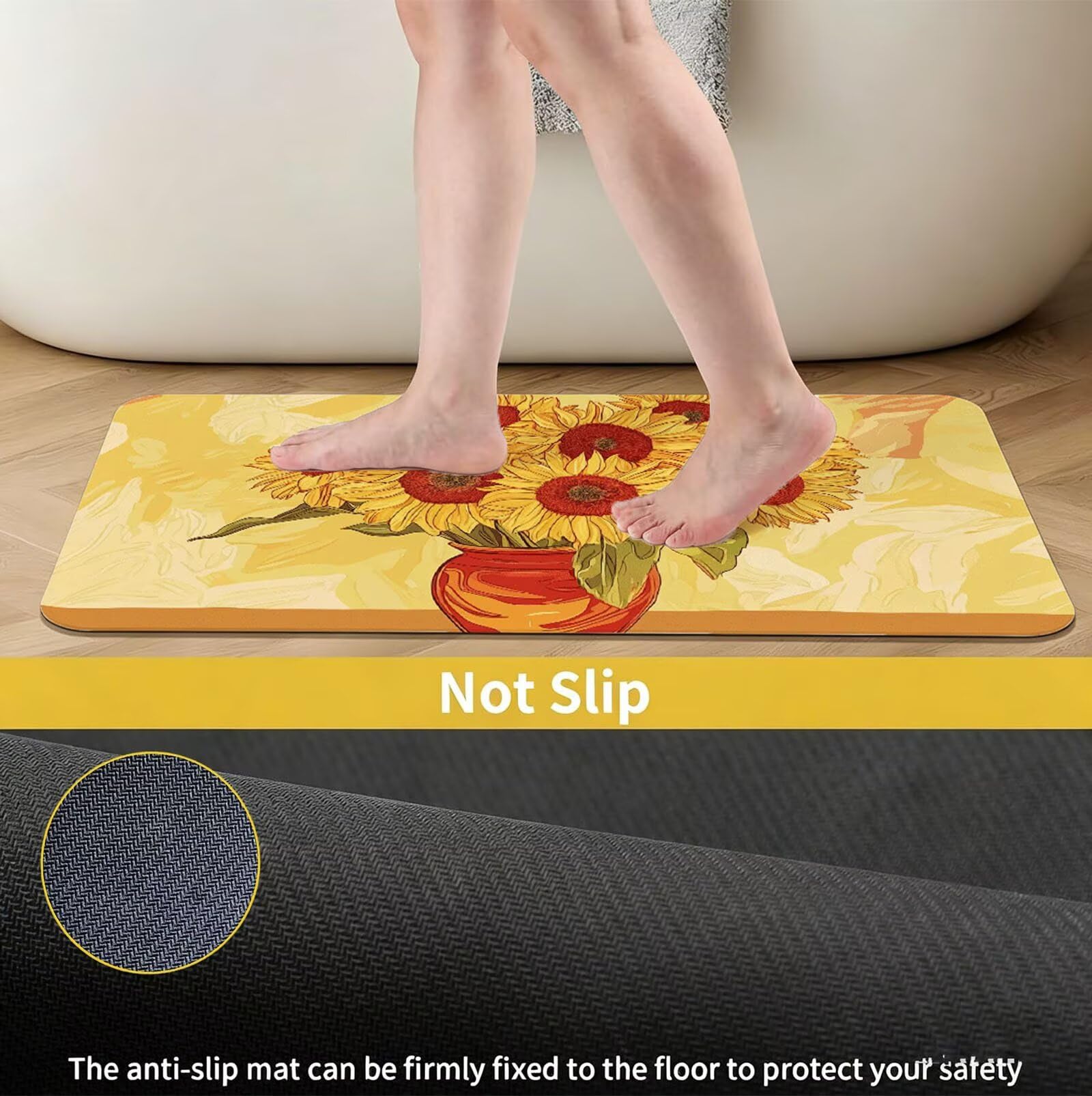 Alfombra de Baño 70 x 120 cm, Alfombra Baño Secado Rapido con Diatomita, Antideslizante Bañera Alfombras Amarillo, Super Absorbente Alfombrilla Ducha Antideslizante para Casa y Cocina, Girasol O-2259