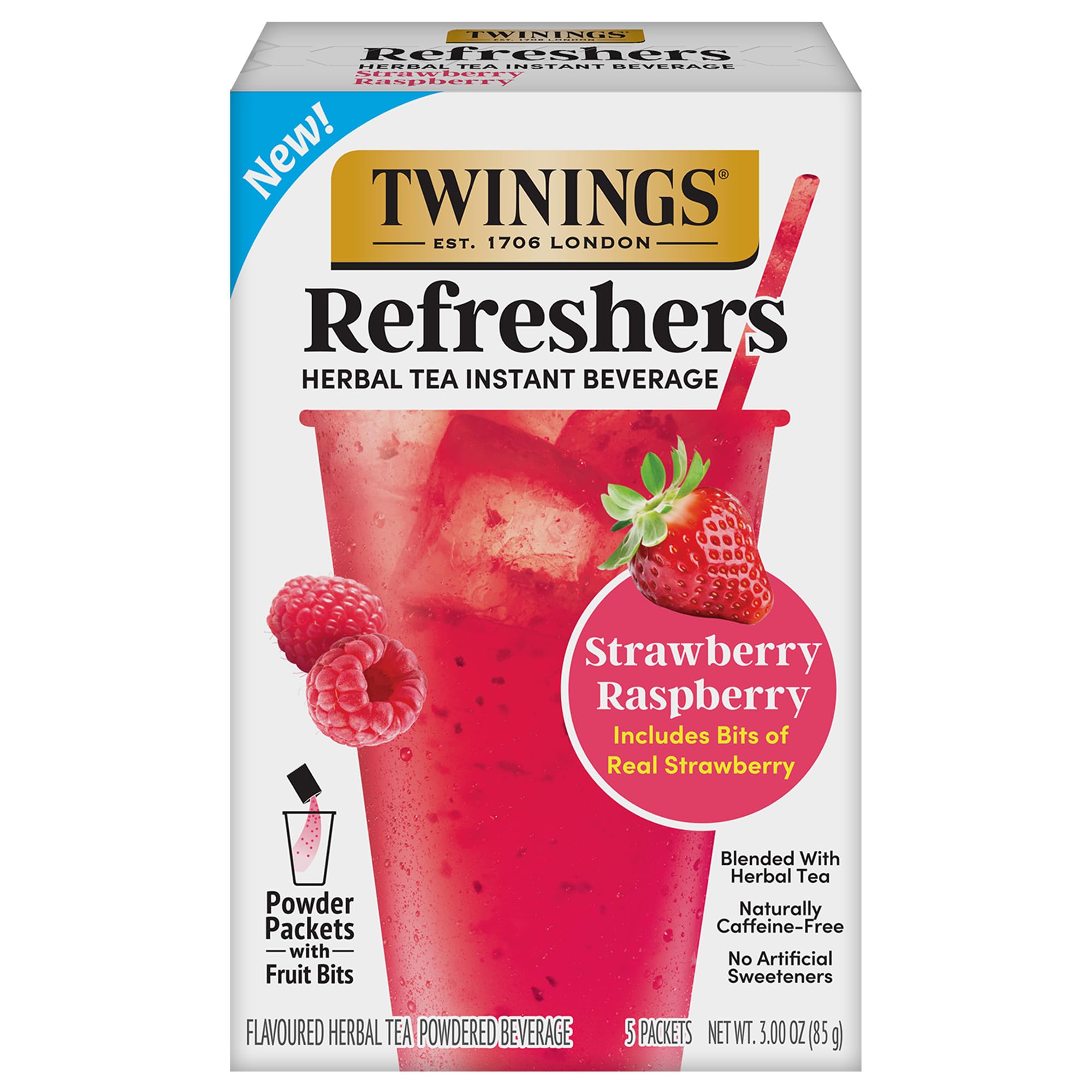 NEW Twinings Strawberry Raspberry Refreshers, Herbal Tea Instant Beverage with Real Strawberry Fruit Bits, 5 Count (Pack of 1), Café Style, No Artificial Sweeteners, Naturally Caffeine-Free, 5 Packets