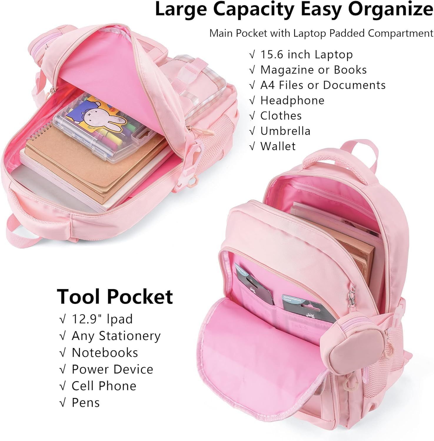 Cute Backpacks for Girls – Cute School Backpack for Kids Ages 4-12, Large Durable Backpack with Padded Shoulder Straps (Pink) - Image 6