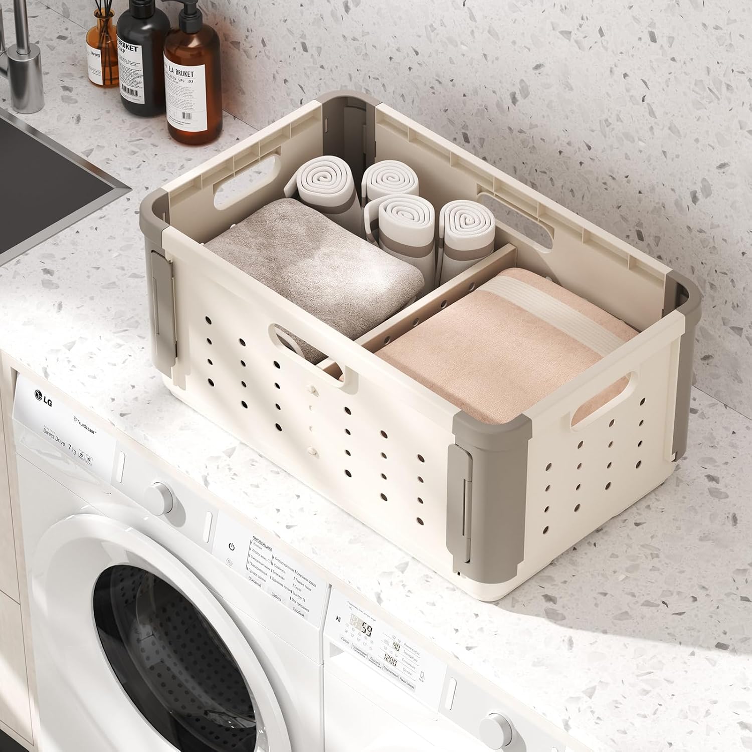HAIXIN HOME Stackable Plastic Laundry Basket on Wheel, 42L Clothes Laundry Hamper with Divider for Pre-Sorting, Dirty Clothing Storage Organizer Bin with Handles for Closet, Bedroom, Bathroom - 2 Pack
