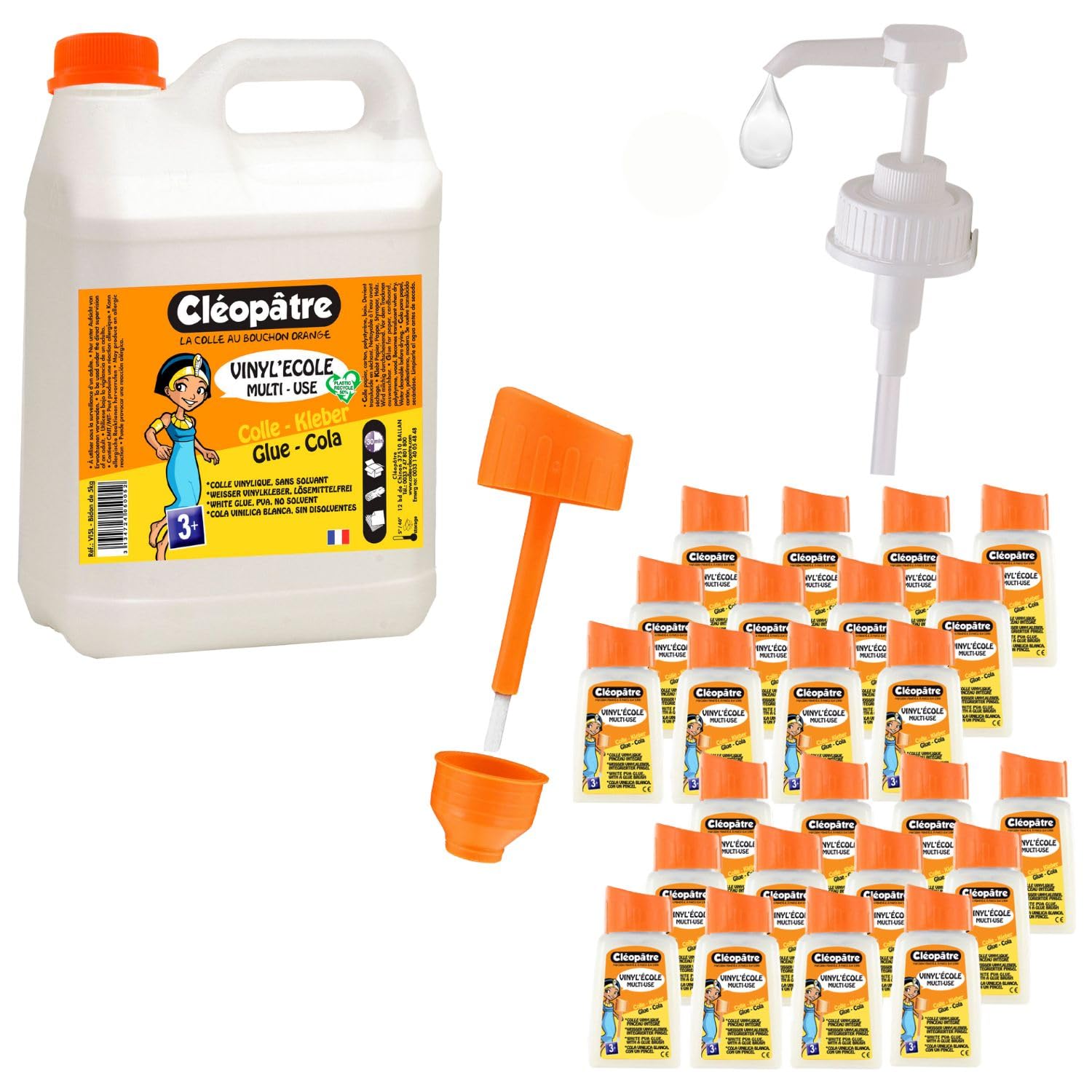 CLEOPATRE – Schoolpack Colle Blanche Vinylique – 24 P’tits Pot avec Pinceau Intégré 80g + Recharge 5kg avec Pompe Doseuse – Pack Année de Colle