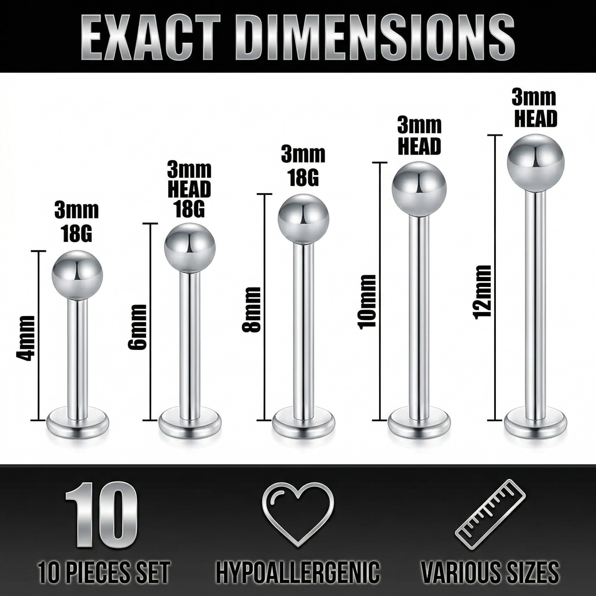 MUNZE 10 Unidades Piercing Tragus Hombre Plata 16G - Acero Quirúrgico Labret Helix Anillo 4-12Mm Bolas 3Mm — view 5
