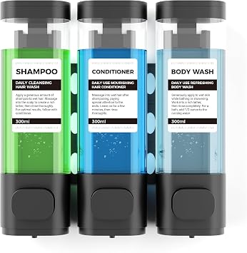 3-Chamber Wall Mounted Shampoo and Conditioner Dispenser,300ML Each Shower Soap Dispenser,Easy Refill,No Drip,Ideal for Shampoo,Conditioner,Body Wash for Bathroom Kitchen Hotel Black
