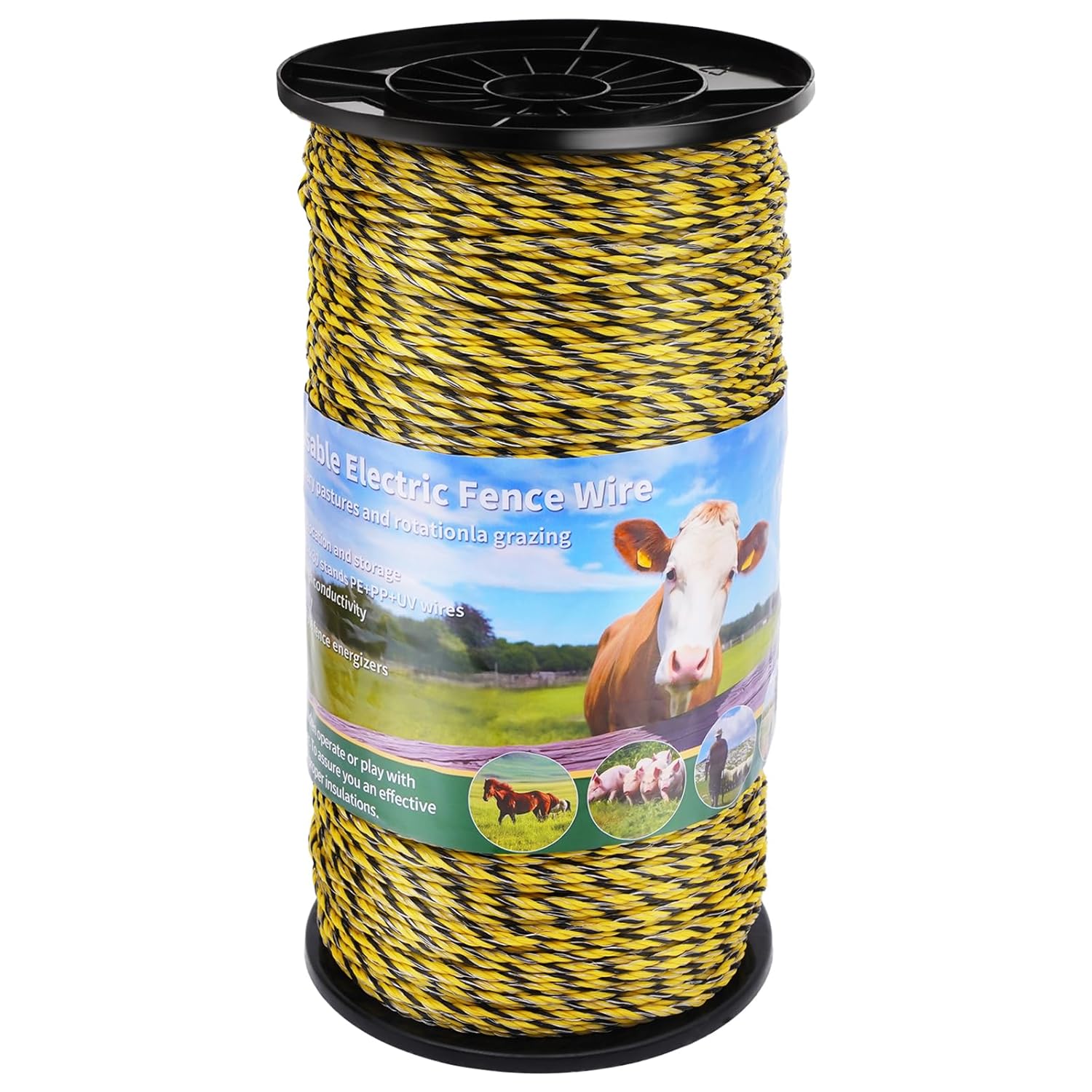 5413 Feet Electric Fence Wire, 9 Stainless Steel Strands and 30 Polywire for Portable Livestock Fencing, with Reliable Conductivity and Rust Resistance, UV Resistant, 1650 Meters 1/8" Diameter