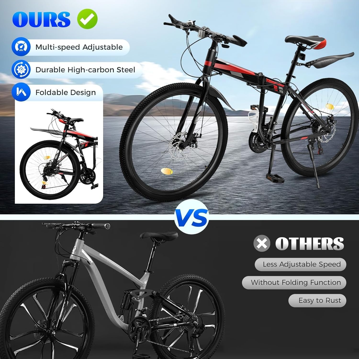 VTT Pliable 26 Pouces, 21 Vitesses, Double Frein À Disque, pour Garçons, Filles, Femmes Et Hommes 26in