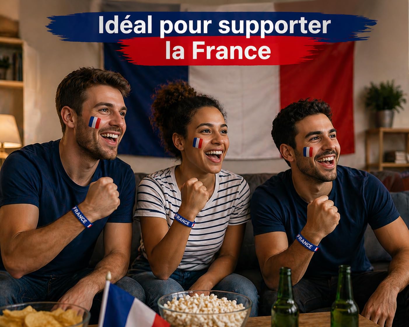 Kit Bracelets France Lot de 5 – Bracelet Silicone Bleu Drapeau Français + Tatouages – Supporter Coupe du Monde, Football, 14 Juillet, Bleu Blanc Rouge