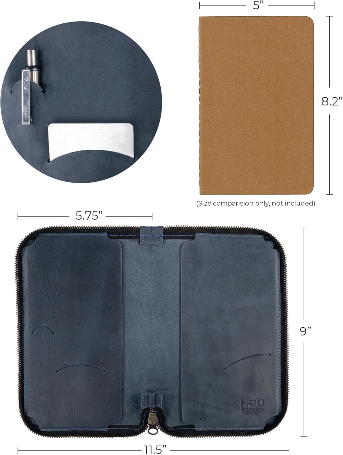 Hide & Drink, Zippered Journal Cover for Moleskine Notebook, L Size (5 x 8.25 in. Notebook NOT Included) Full Grain Leather, Handmade, Slate Blue