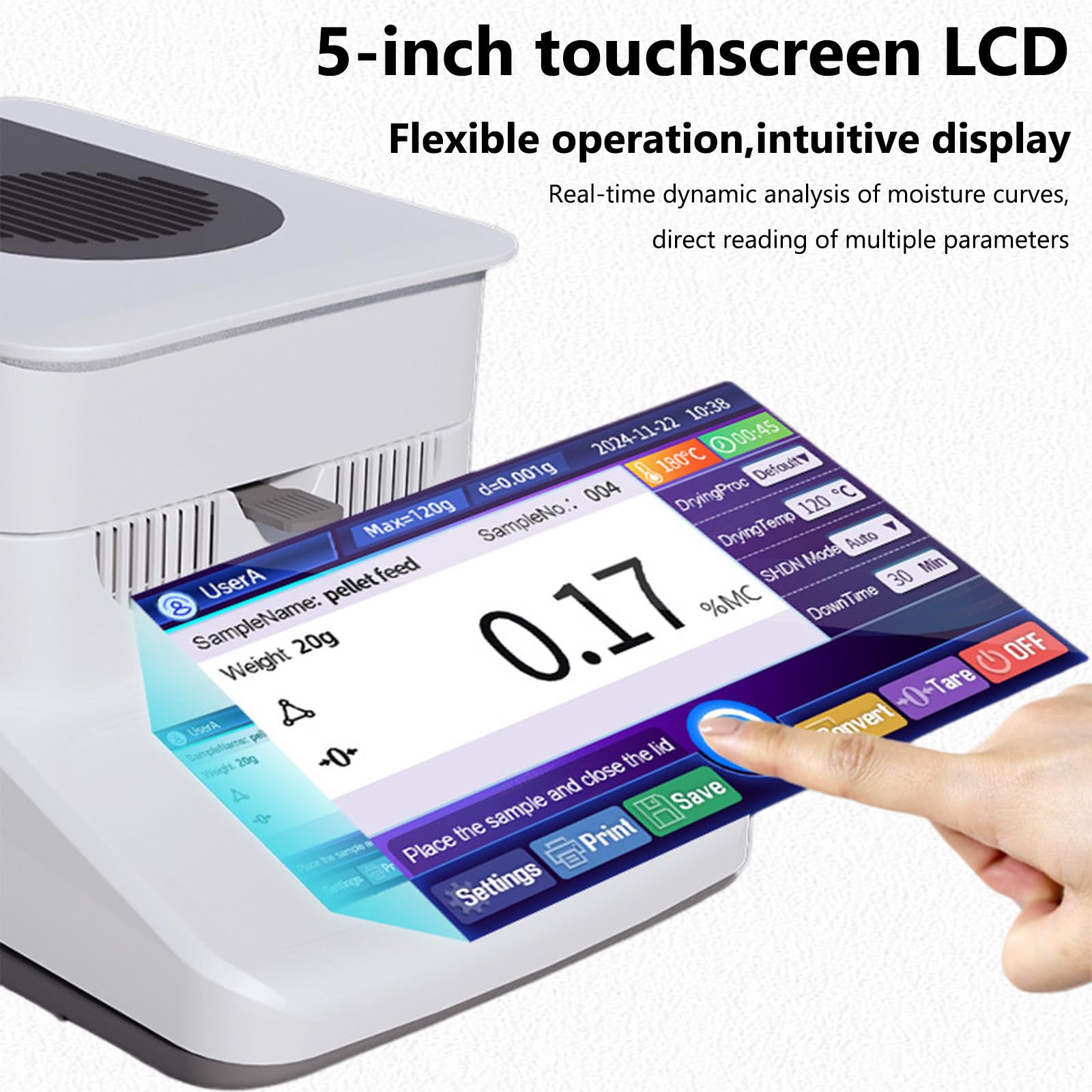 Feuchtigkeitsanalysator, 0,001g Lesbarkeit Touchsn Laborwaage 120g X,001 Gramm, mit 5-Zoll-Touch-LCD-Bildschirm, for Lebensmittel, Tee, Getreide,Lebensmittel 2mg
