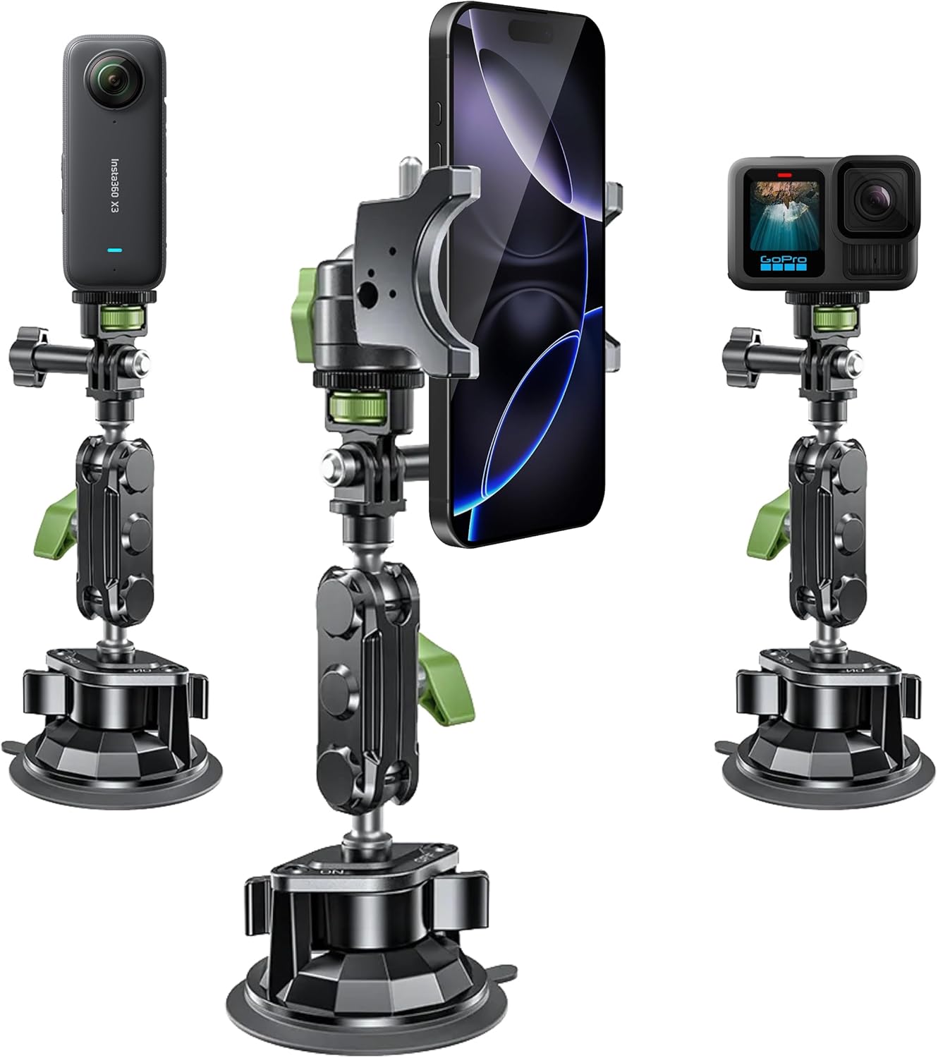 Multi-Purpose Cell Phone and Action Camera Holder for Insta360, Gopro, iPhone with Strong Suction Cup and Aluminum Alloy Double Ball arm.