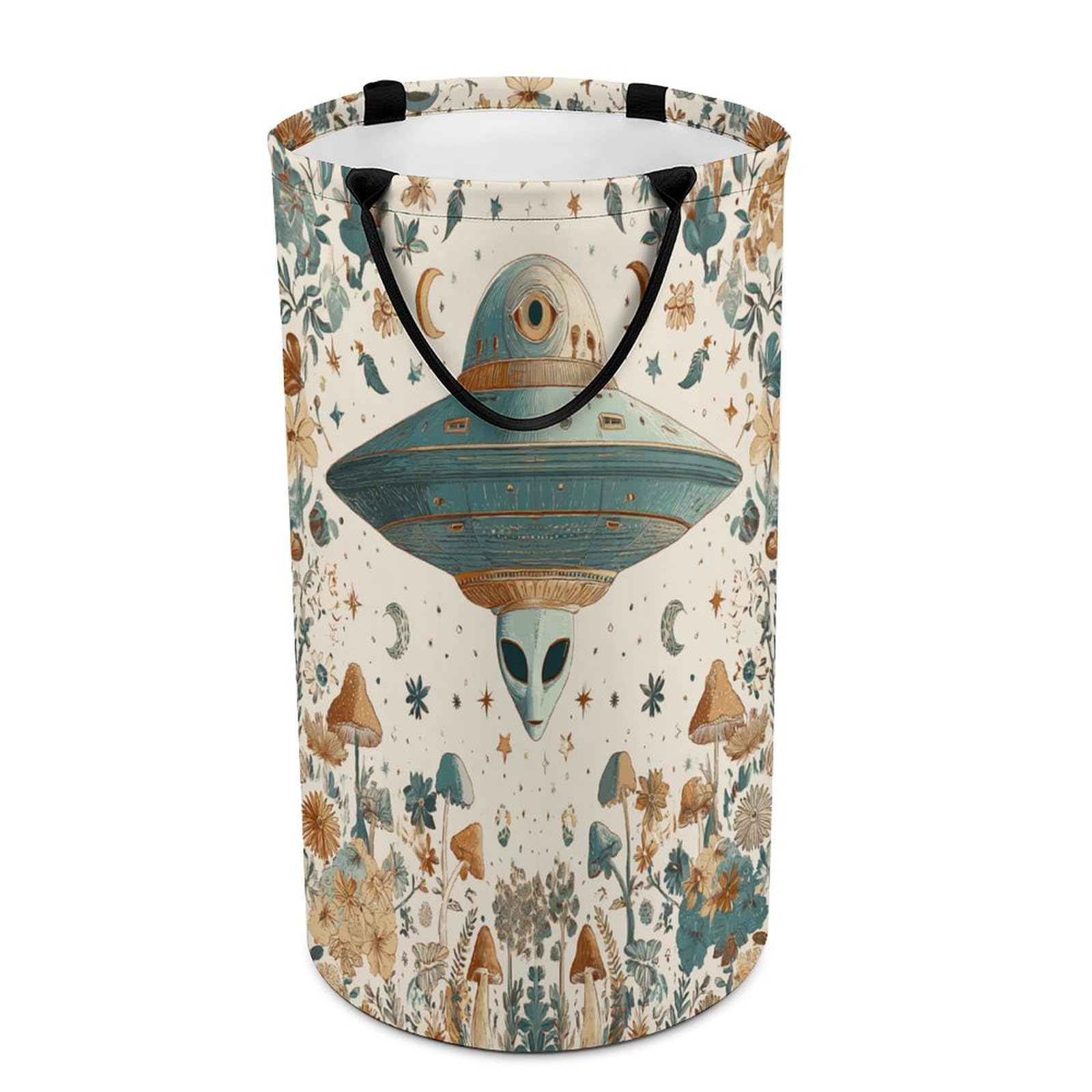 LUYYSKY Modern Cute Alien Spaceship Versatile Storage Laundry Basket, Retro Rustic Moon Botanical Plants Mushroom Flowers Large Capacity Bathroom Hamper With Handle
