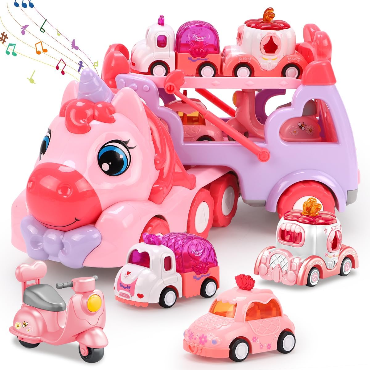 JQLM 5 IN 1 Unicorn Toy Girl Cars, Carrier Truck Toys for Girls ...