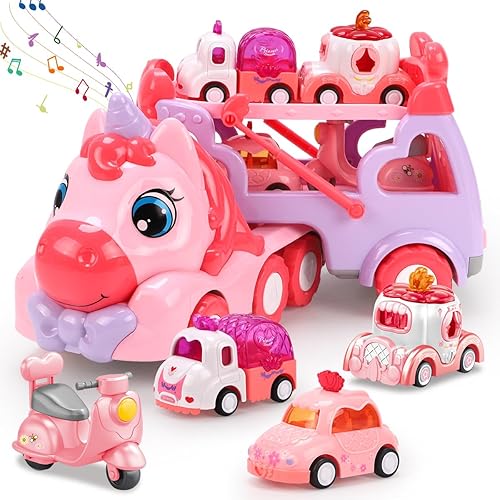 Qizebaby Camión transportador 5 en 1 de juguete para niñas y niños pequeños de 1, 2, 3 años en adelante, autos de juguete de unicornio con música y