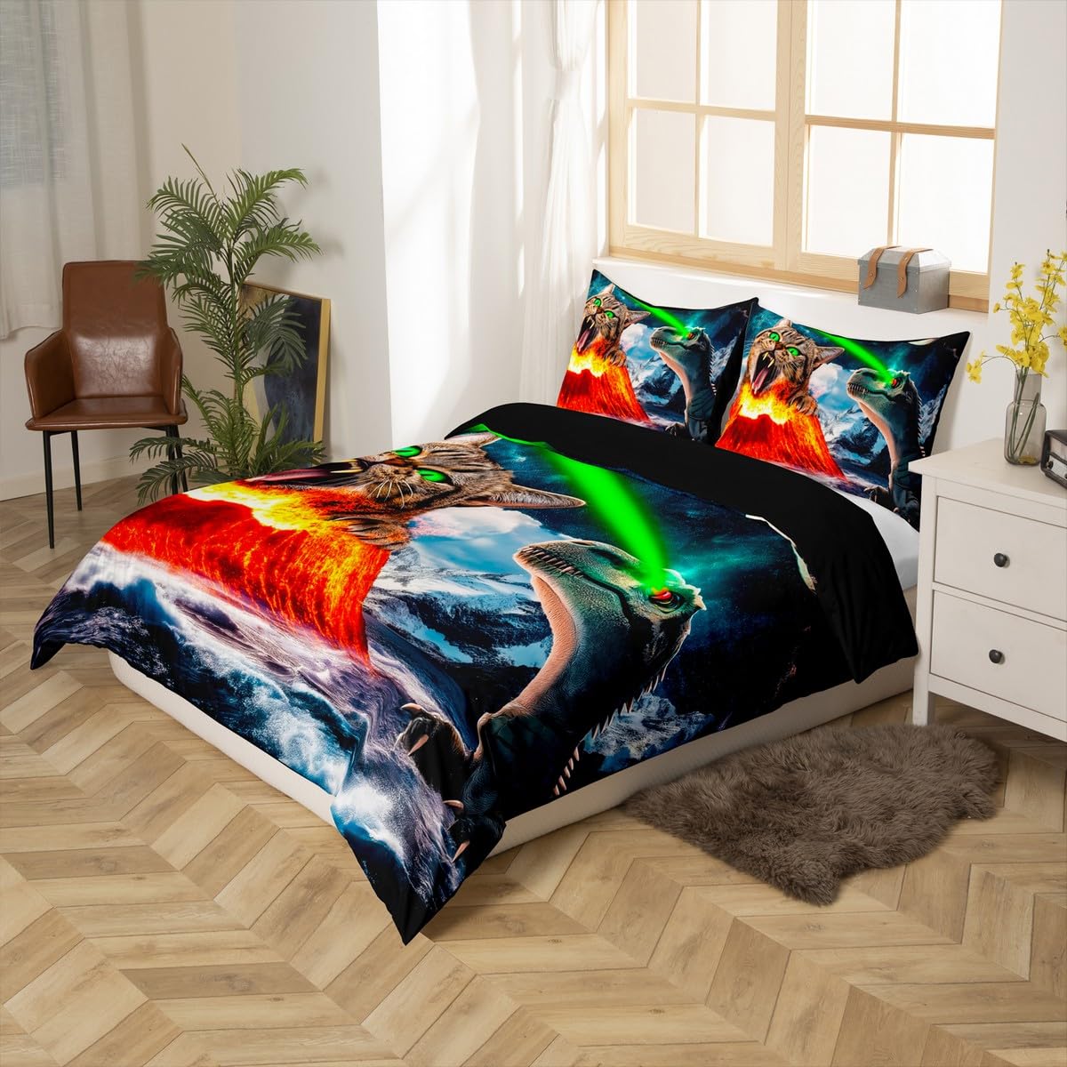 jejeloiu Funny Cat Bedding Set Toddler Size Kids Dinosaur Moon Comforter Cover for Boys Girls Teens Cute Kitten Duvet Cover Soft Lightweight Microfiber Room Decor,No Stuffing