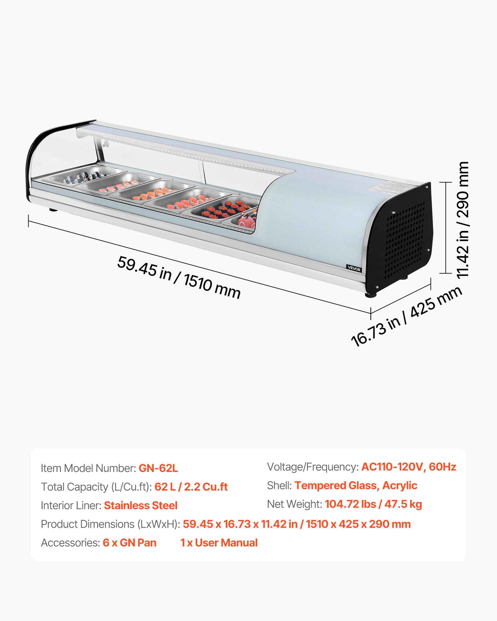 VEVOR Vetrina Refrigerata per Sushi Commerciale da 62 L, 6 Teglie con Vetro Curvo, Illuminazione a LED e Controllo Digitale della Temperatura, Frigorifero per Bancone Ristorante Negozio