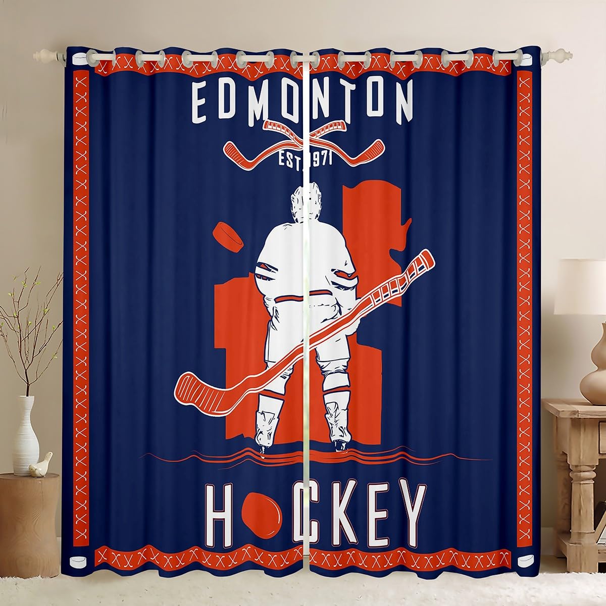 Homemissing Edmonton Vorhänge Eishockey Stadt Fenstervorhang 137x117cm Geschenke für Männer Frauen Junge Lacrosse Blickdichte Vorhänge Eishockey Sport Sportliebhaber Schlafzimmer Dekor