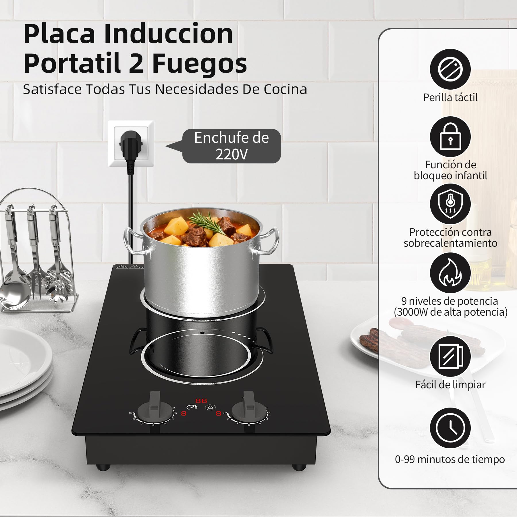 VBGK placa induccion 2 zonas,220V 3000W induccion 2 fuegos con pantalla táctil LCD, 10 niveles de ajuste, bloqueo de seguridad para niños y temporizador