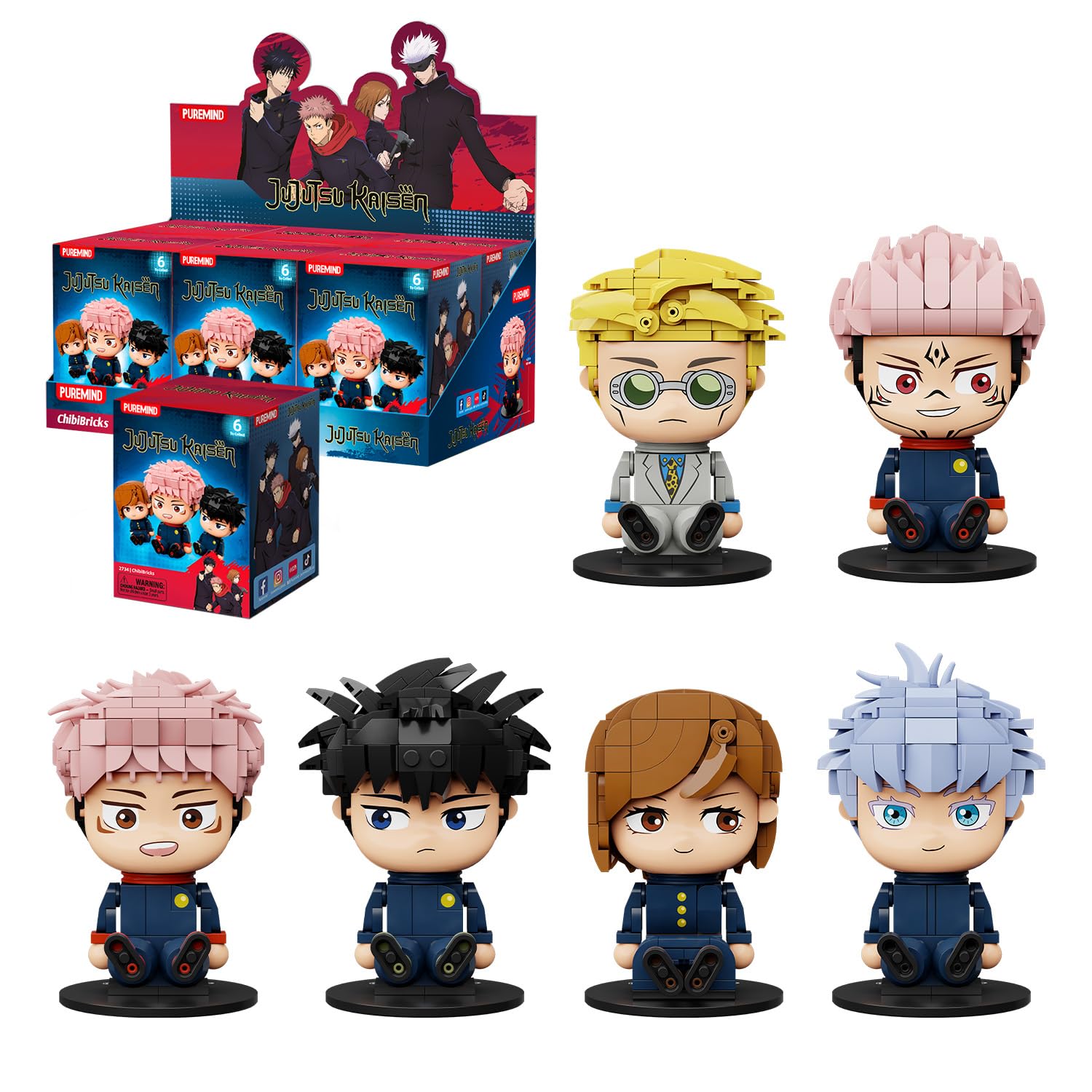 puremind JJK Chibi-Sammelset, Jujutsu Kaisen Mini-Figuren, 6er-Set | Offiziell lizenziert, bewegliche arme, chibi-look, keine doppelten motive, zum bauen, für regal, vitrine, sammlung und deko