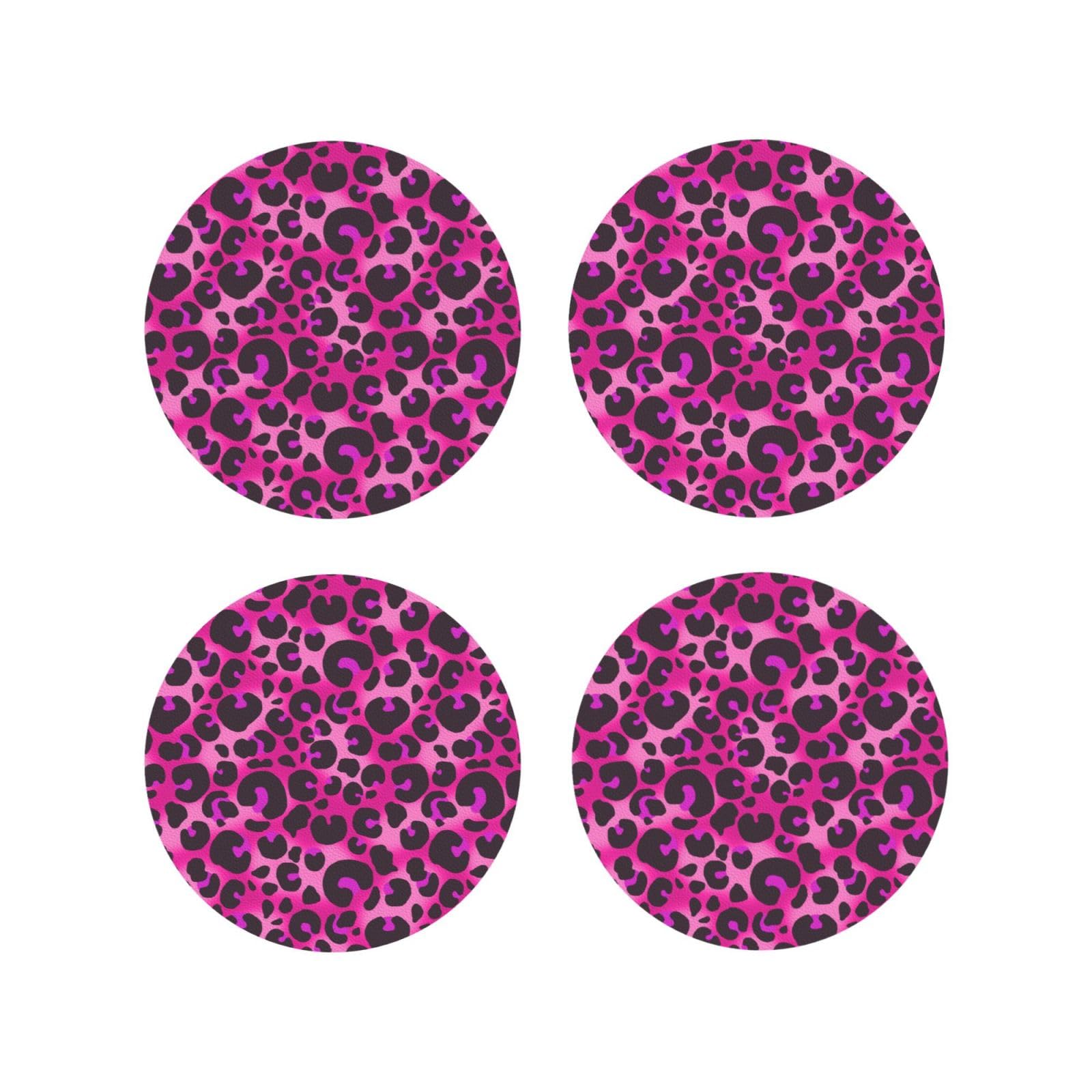 Smazdfxx Women's As Pic Leather Coasters Set Of 4 - Red Pink Leopard Print Lightweight Drink Coasters For Desk