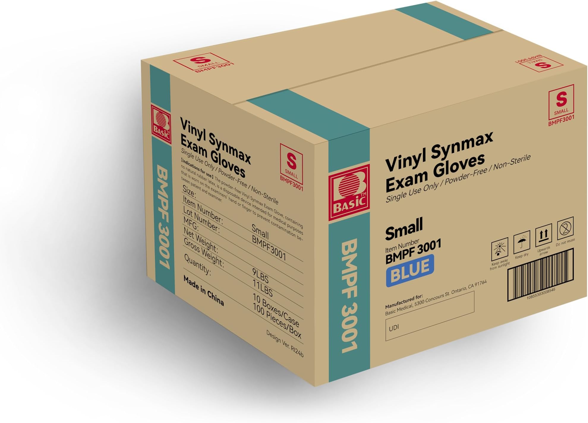 Basic Medical Synmax Vinyl Exam Gloves - Latex-Free & Powder-Free - Small, BMPF-3001(Small (Pack of 1000)),Blue