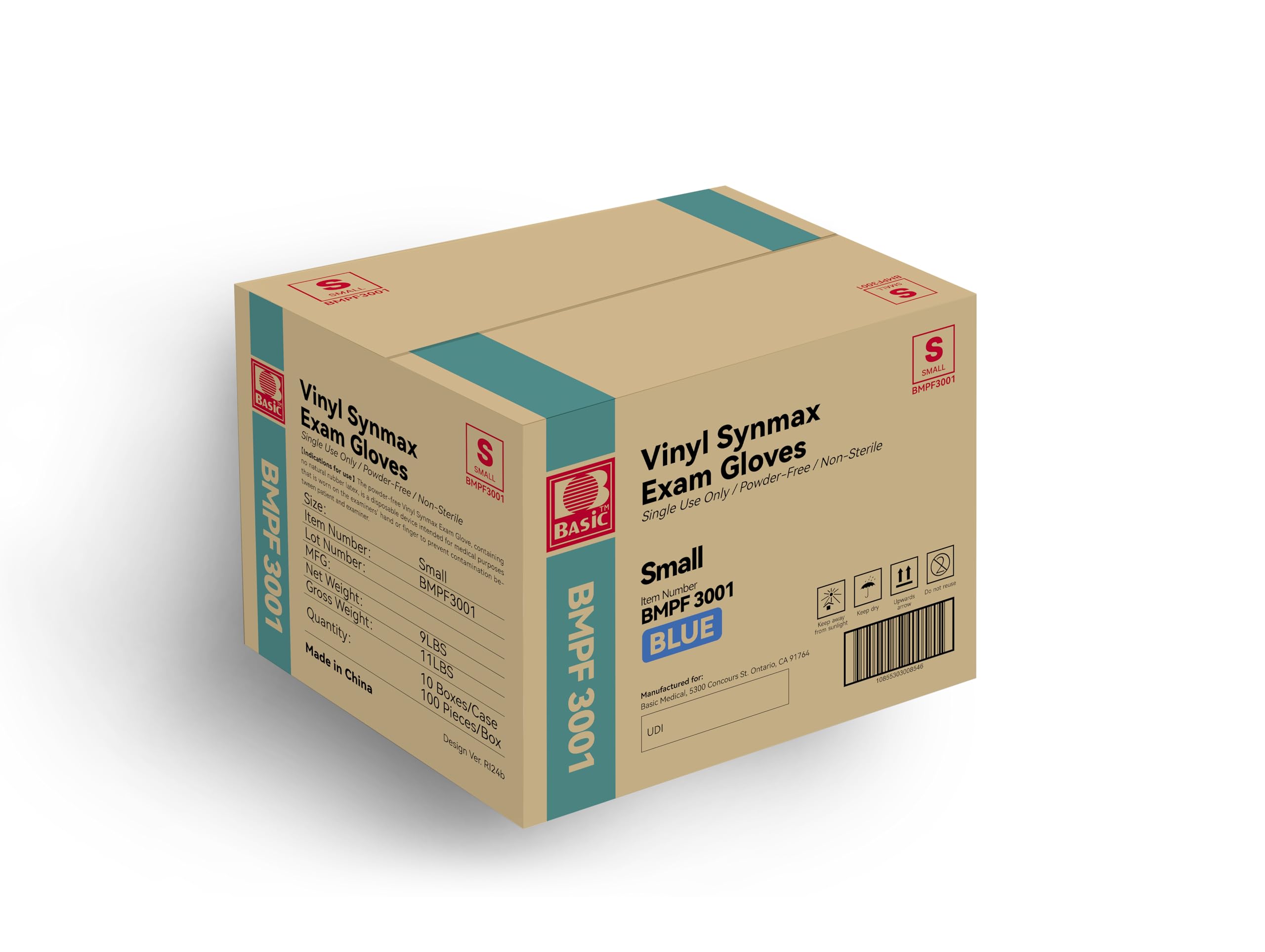 Basic Medical Synmax Vinyl Exam Gloves - Latex-Free & Powder-Free - Small, BMPF-3001(Small (Pack of 1000)),Blue