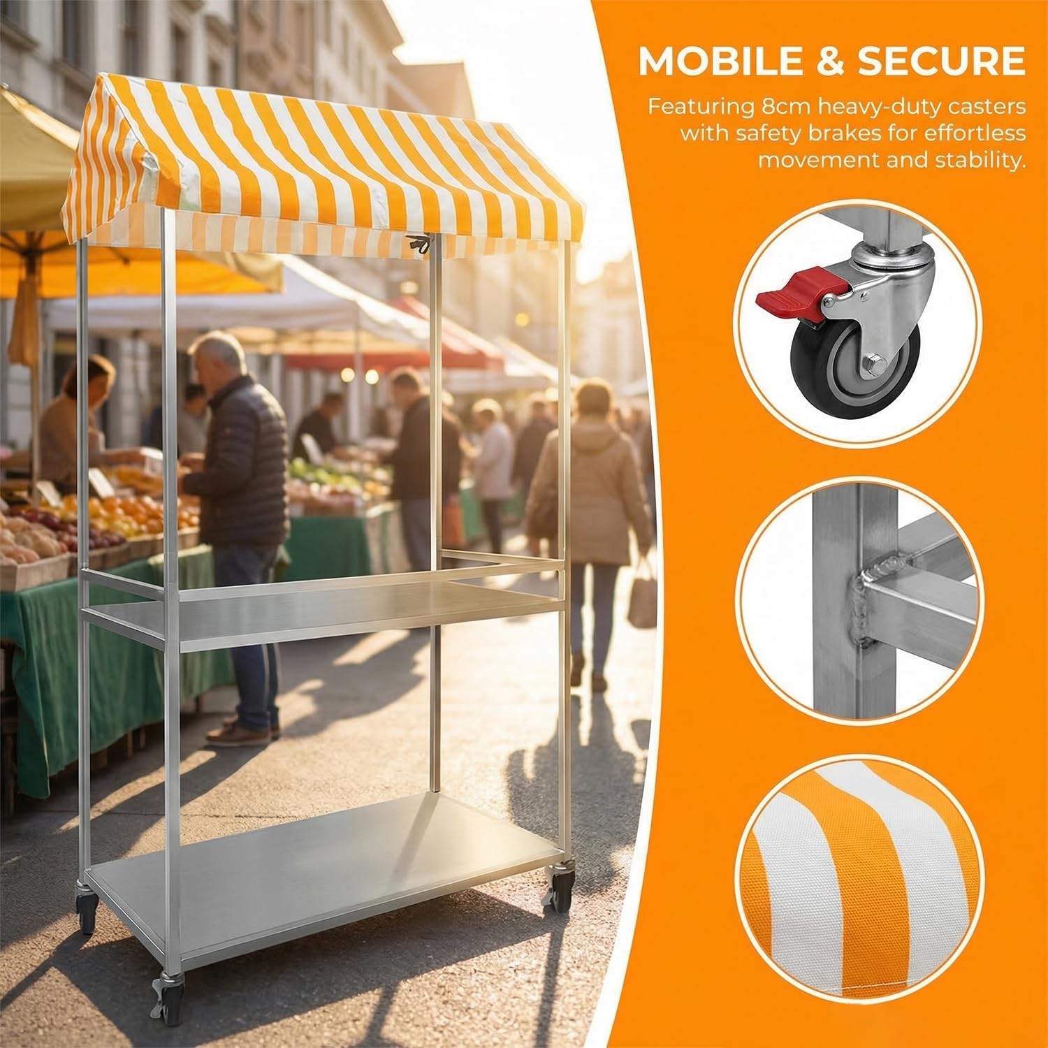 Mobiler Verkaufsstand aus Edelstahl, zusammenklappbarer Verkaufswagen mit Überdachung & Rädern – Kiosk-Trolley für Straßen, Parks, Hochzeiten & Jahrmärkte,Gelb,120cm