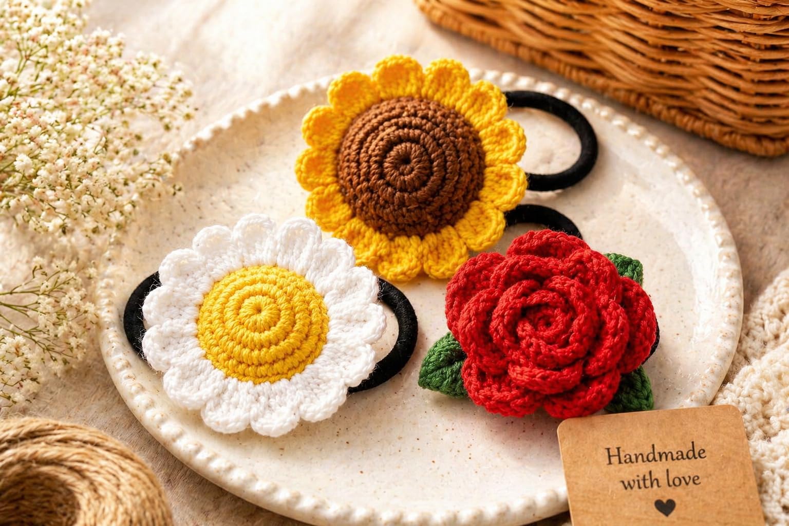 Handmade Crochet Flower Hair Ties for Women & Girls | Sunflower, Daisy & Rose Combo Hair Bands | Soft Elastic Ponytail Holders | Cute Aesthetic Boho Hair Accessories for Daily Wear & Gifts-image-31