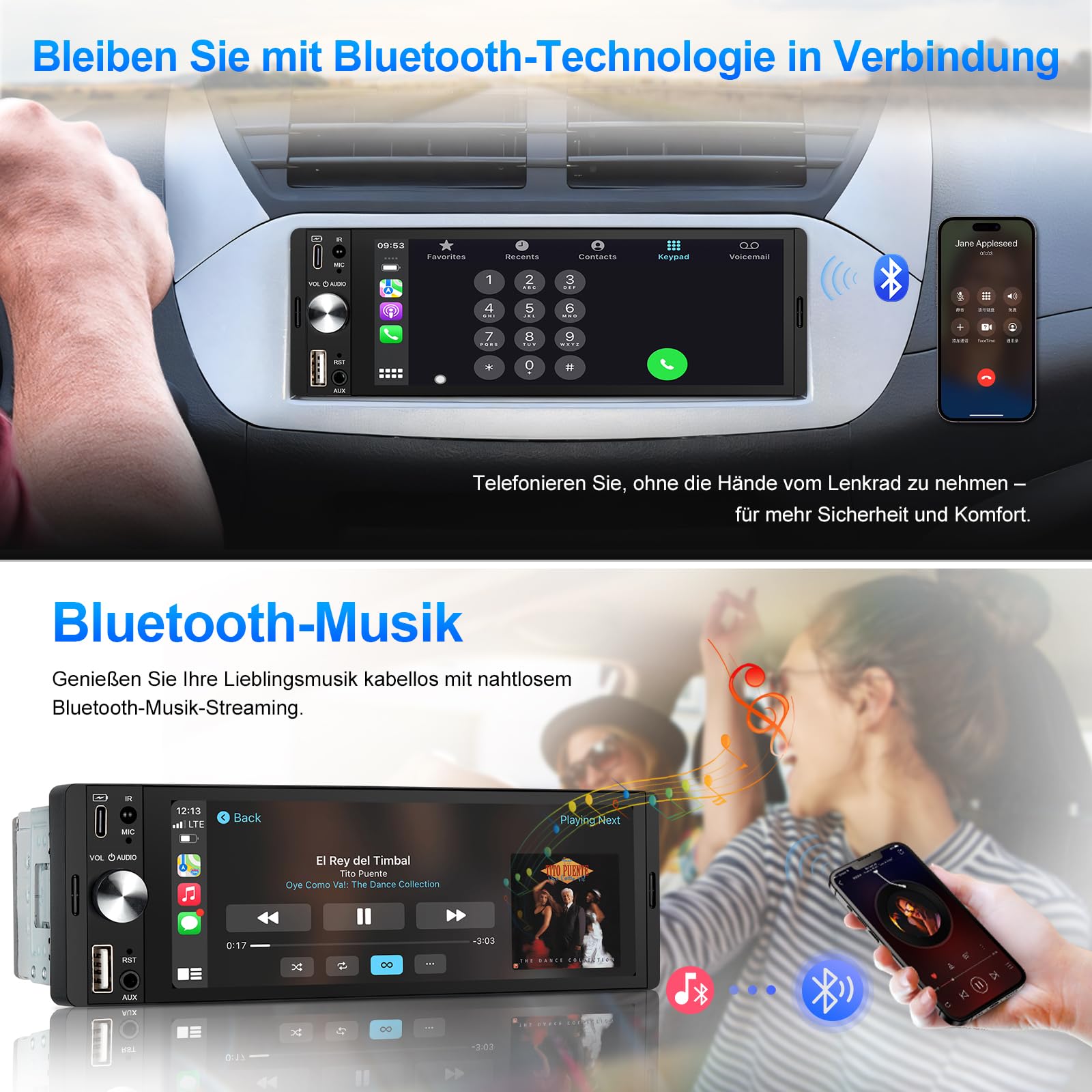 LEROAADZ 1 Din Autoradio mit Bildschirm Kompatibel mit Wireless CarPlay & Android Auto, 6,28 Zoll 1Din Car Radio with Carplay Display, Bluetooth, AM/FM RDS, USB/Typ-C, Aux-Eingang, Mirror Link