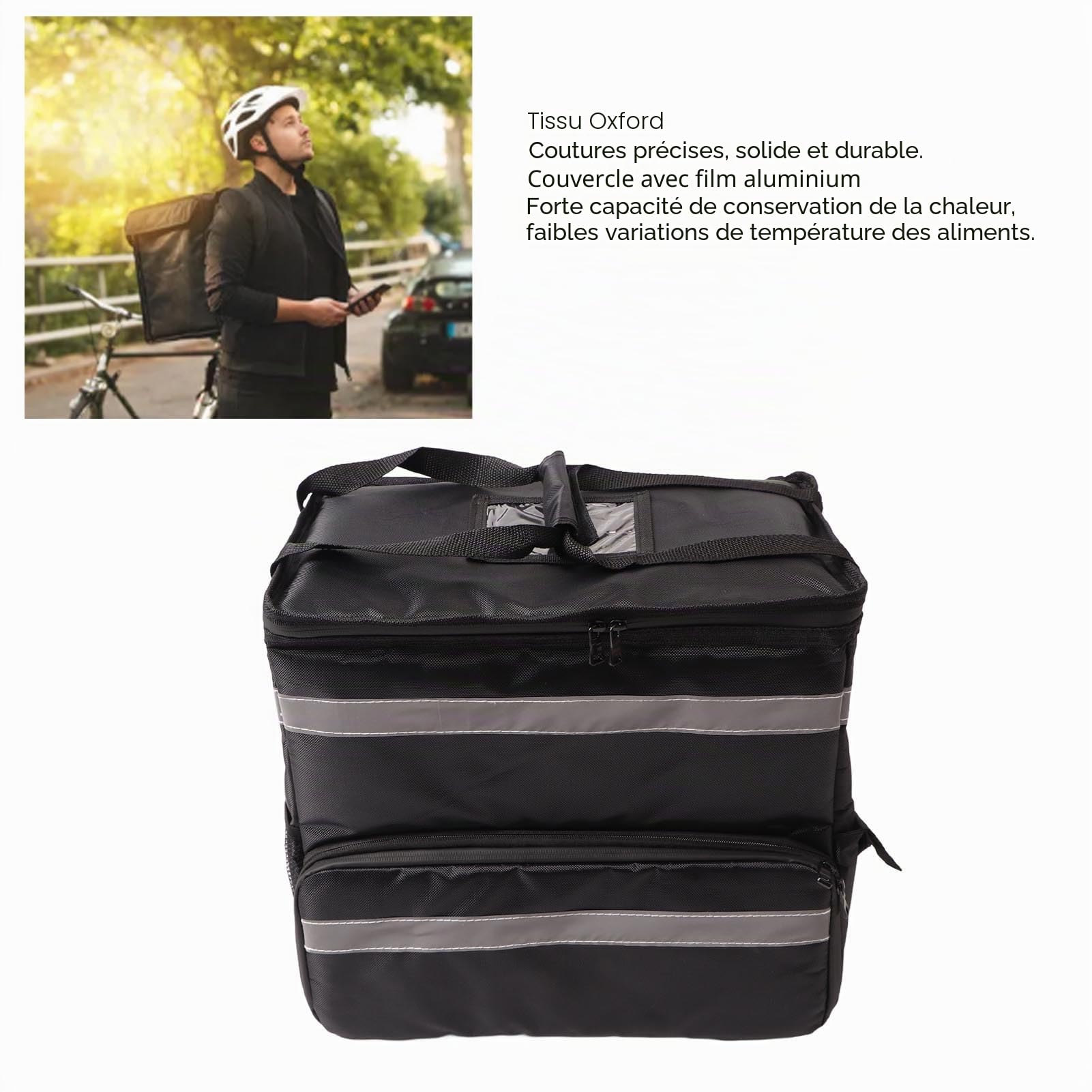 Asixxsix Sac à dos isolé pour livraison de pizza, Sac à dos thermique pour livraison de nourriture 50L Sac à dos imperméable pour épicerie chaude et froide avec couche extensible