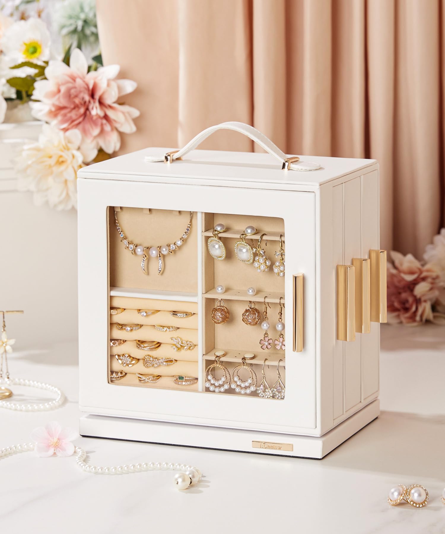 Joyero Giratorio 360° Mujer: Organizador de 7 Cajones con Ventana | Acceso 4 Lados para Joyas Diarias - Amantes de Joyas Hallan Favoritos Rápido - Exhibe Pendientes Anillos Collares