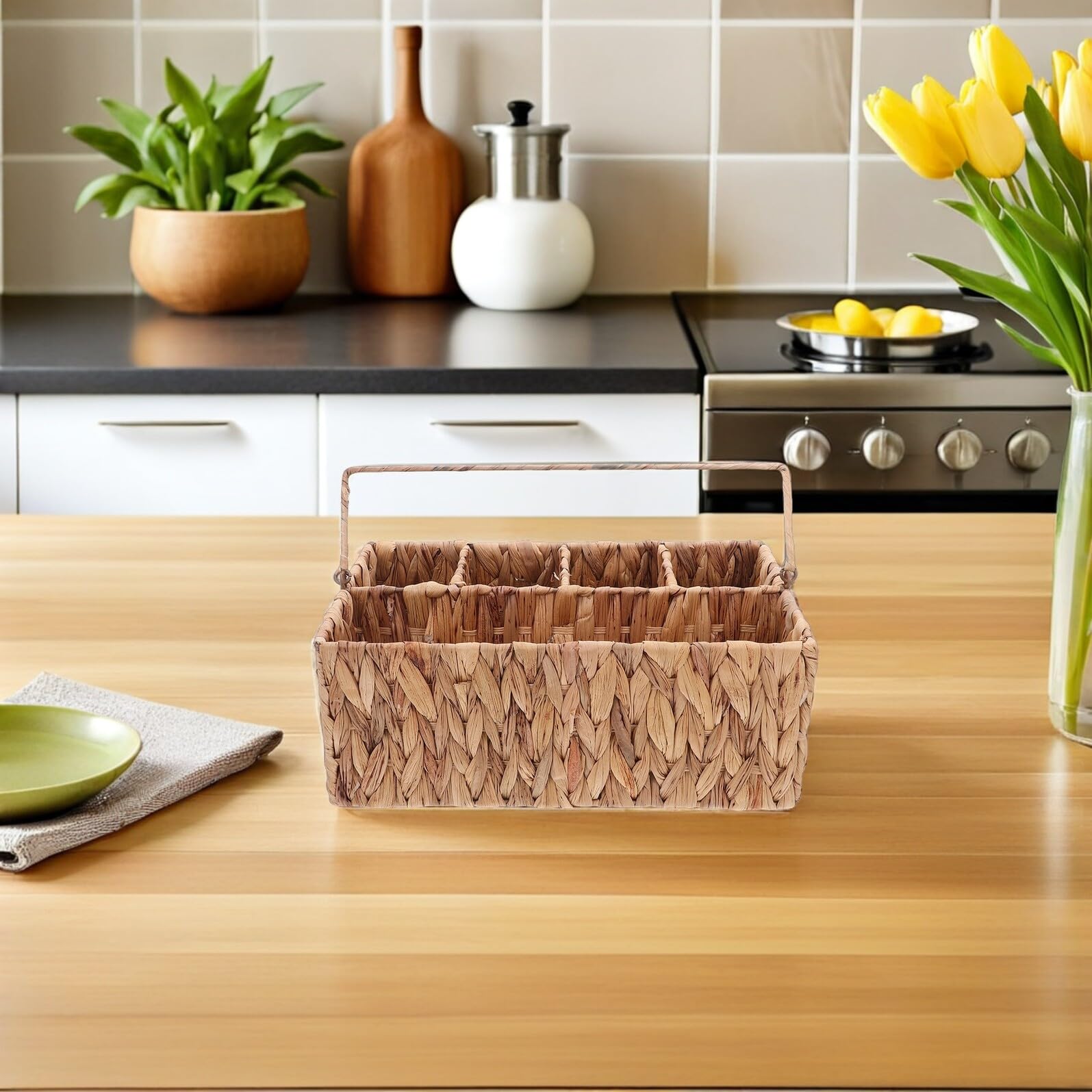 Cesto Portaposate Intrecciato in Rattan con Scomparti Organizzatore da Tavola Rustico e Portatile per Posate e Utensili Contenitore in Paglia per Picnic e Cena