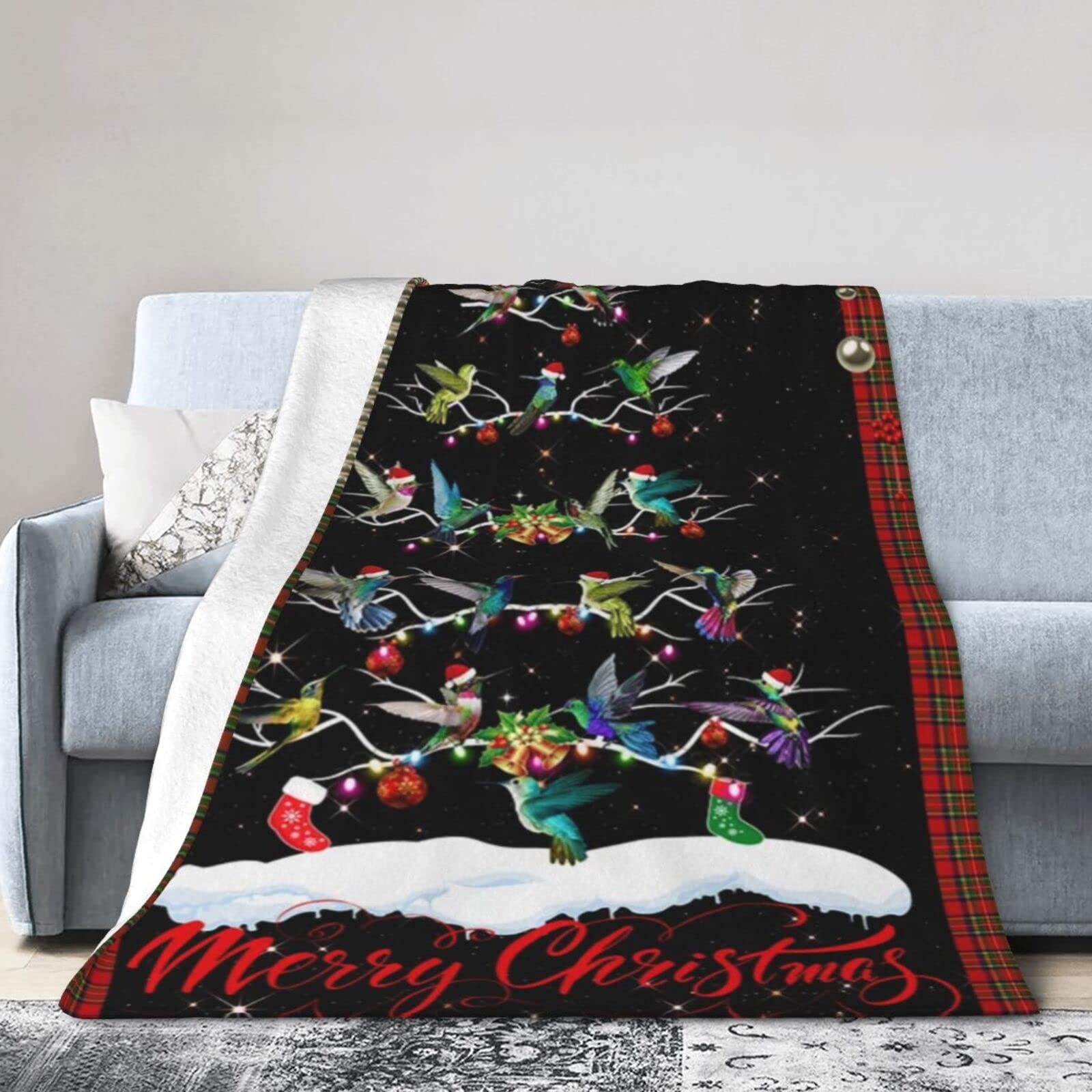 Lsjuee Christmas Flannel Fleece Blanket 50"X40" Hummingbird Christmas Tree Bed Throw Blanket Lightweight Ultra-Soft Travel Winter Blankets for Boys Keep Warm