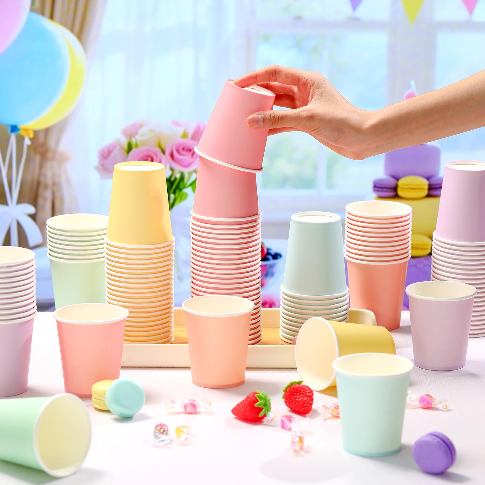 Mimorou Lot de 300 gobelets jetables en carton de 237 ml, couleurs macarons assorties (6 couleurs), tasses à café double revêtement en polyéthylène pour boissons, boissons chaudes et froides pour café